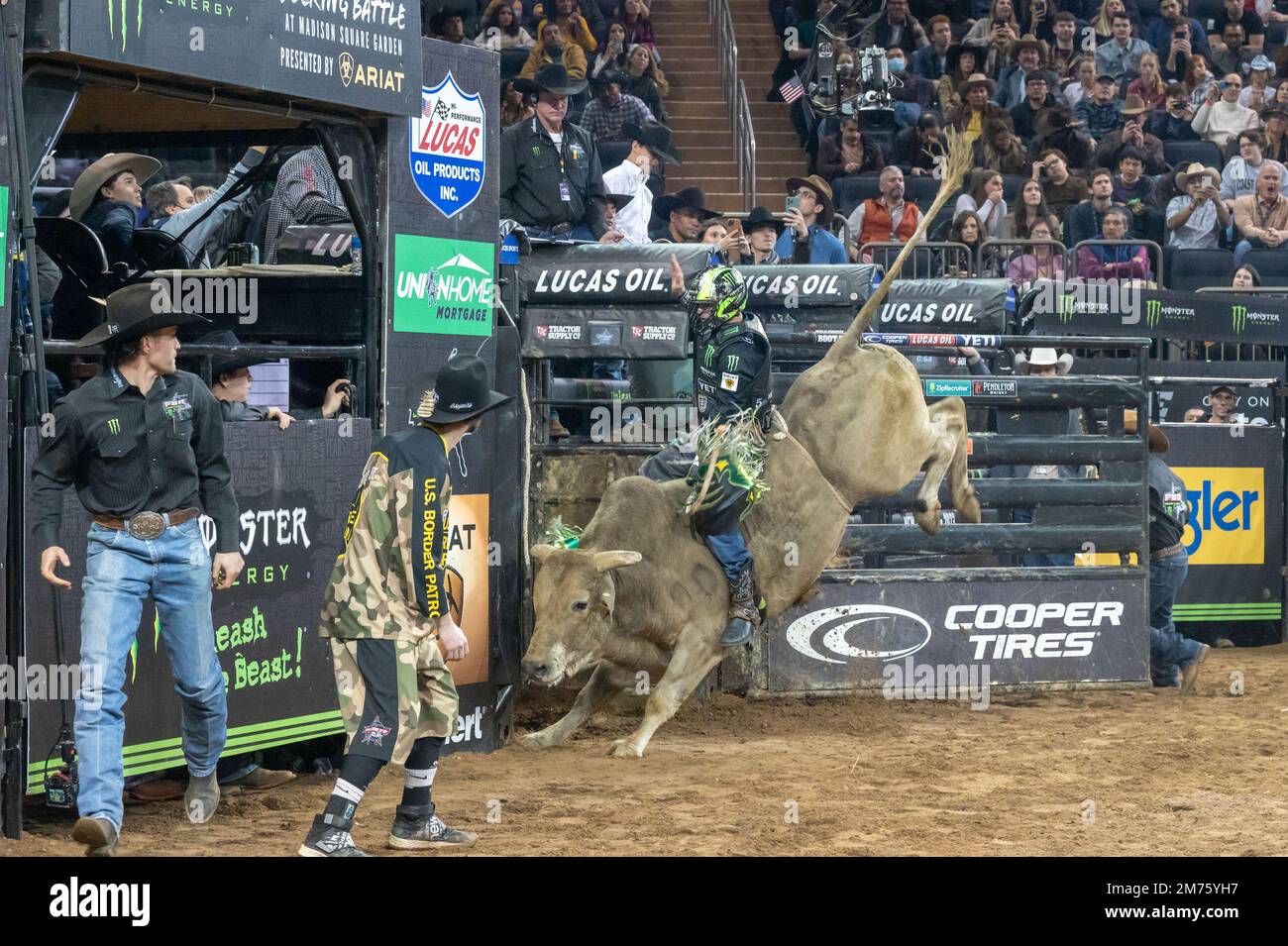 New York, New York, USA. 6. Januar 2023. (NEU) 2023 Professional Bull Riders entfesseln das Biest im Garten. 06. Januar 2023, New York, New York, USA: Jose Vitor Leme fährt Pickle Moonshine während des Professional Bull Riders 2023 Unleash the Beast Events am Madison Square Garden am 6. Januar 2023 in New York City. Kredit: M10s/TheNews2 (Kredit: © M10s/TheNEWS2 über ZUMA Press Wire) Stockfoto