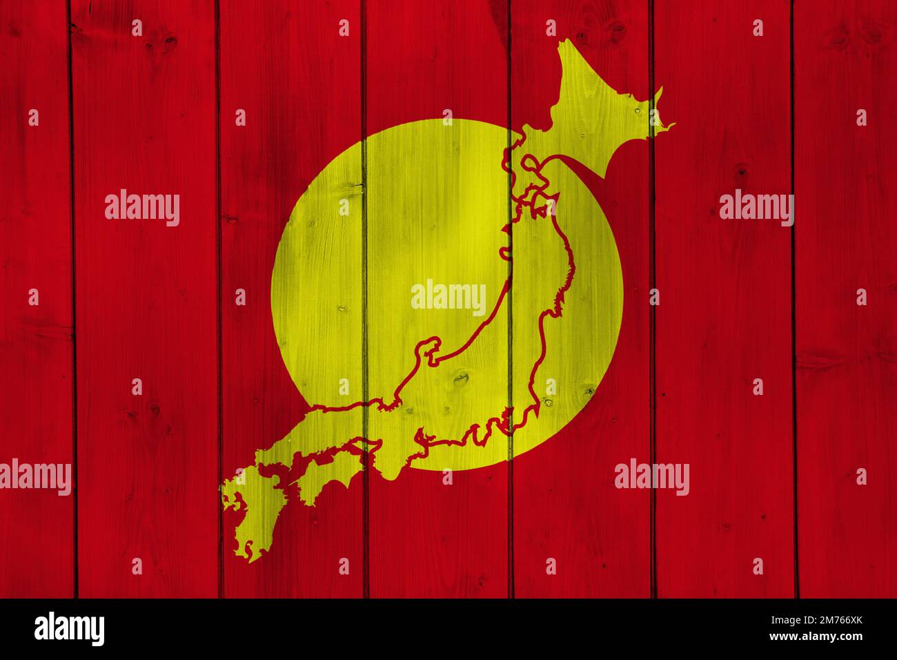 Flagge Japans und Konturkarte des Landes auf der Textur. Collage. Stockfoto