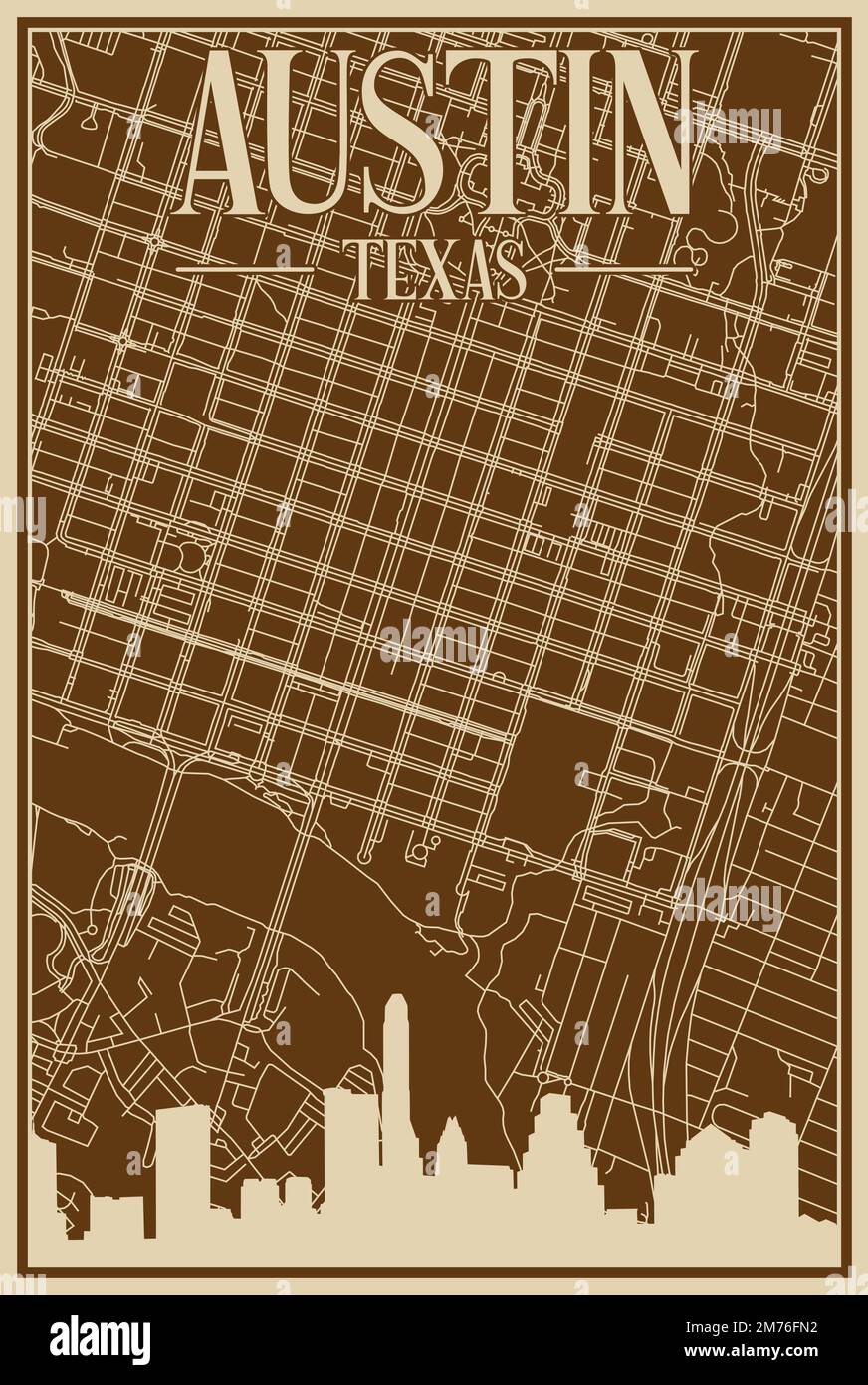 Braunes, handgezeichnetes Poster über die Innenstadt VON AUSTIN, TEXAS, mit hervorgehobener Oldtimer-Skyline und Schriftzug Stock Vektor