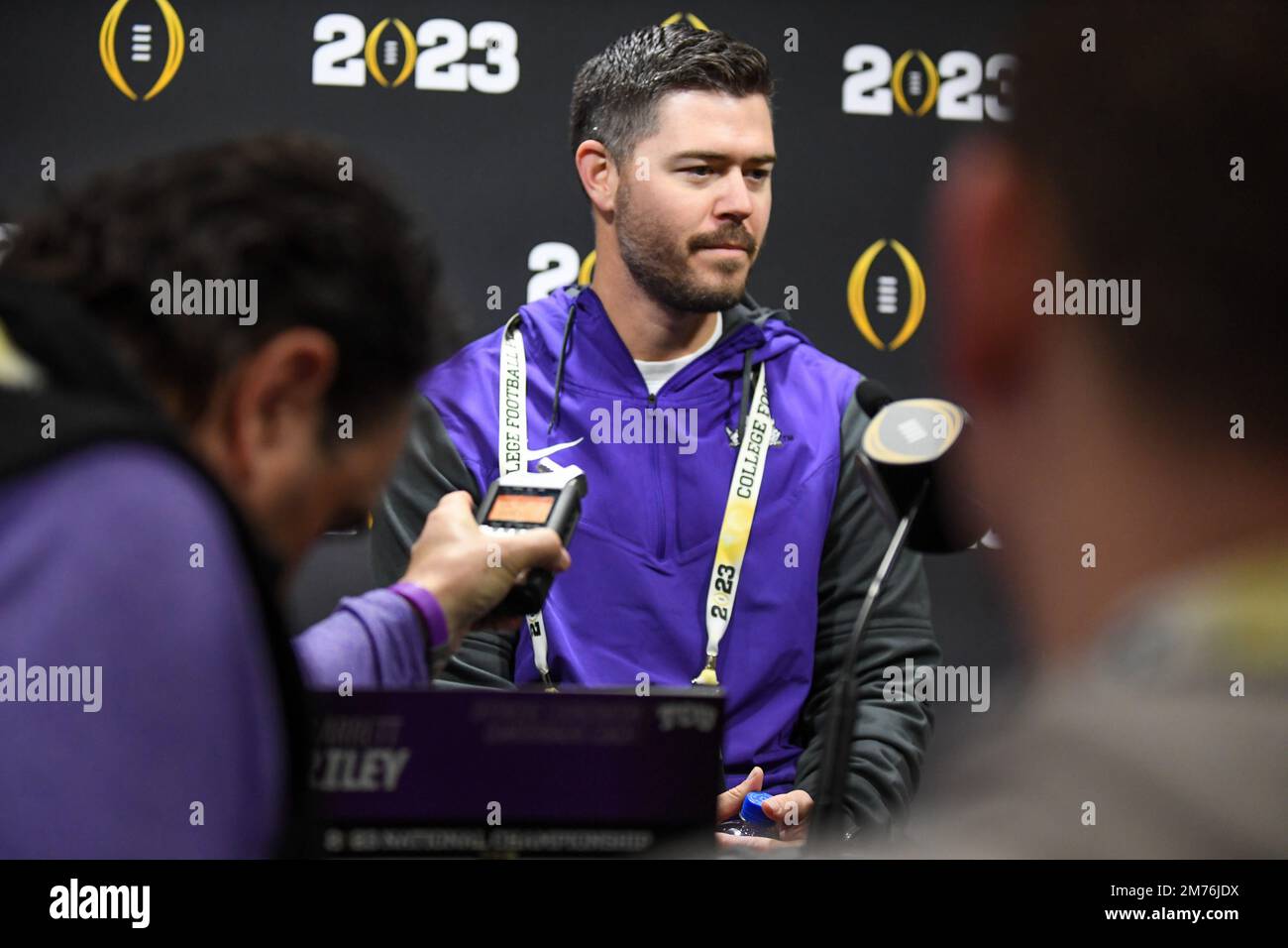 TCU Offensive Coordinator Garrett Riley während des National Championship Media Day am Samstag, den 7. Januar 2023 in Los Angeles. (Dylan Stewart/Bild von Sport Stockfoto