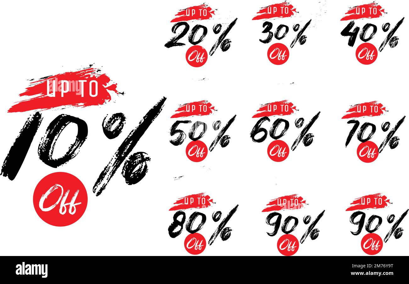 Sale Discount Tags Vector Badges Set Template, 10 Rabatt, 20 %, 90, 80, 30, 40, 50, 60, 70, 75, 25, 35, Prozentangabe Der Etikettensymbole Mit Pinselstrich Auf Der Rückseite Stock Vektor