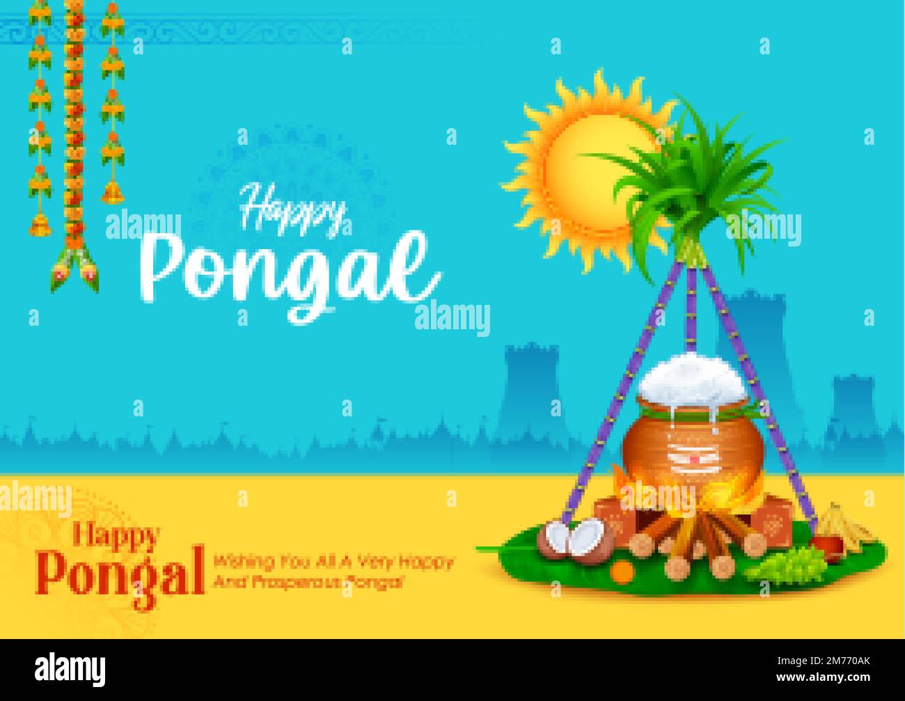 Happy Pongal Holiday Harvest Festival von Tamil Nadu Südindien Gruß Hintergrund Stock Vektor