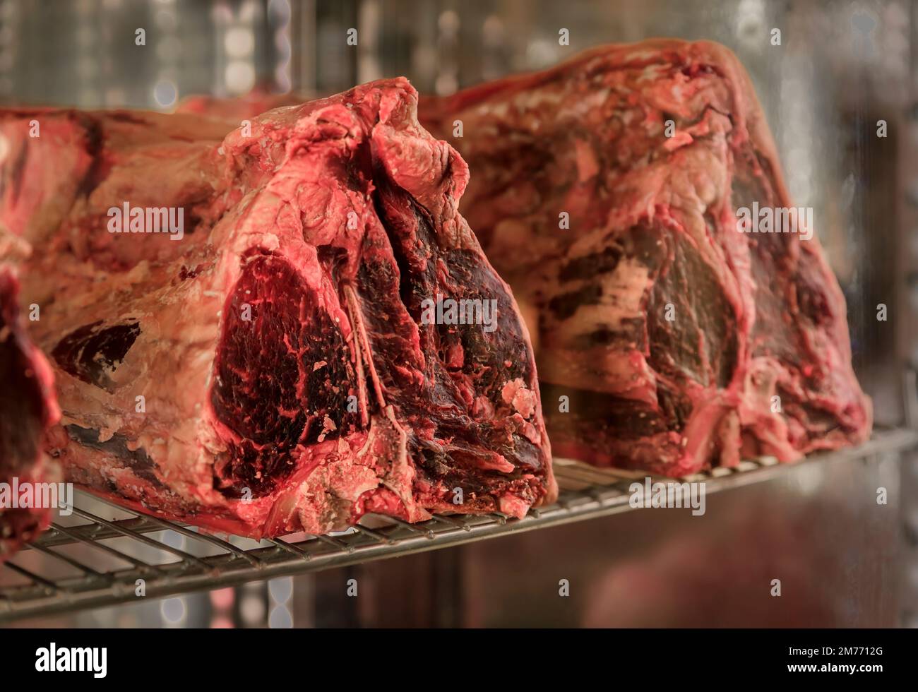 Klassisches ungeschnittenes Stück trockenes, gereiftes T-Bone Florentiner Steak von einer Chianina-Kuh auf einem Metzgertisch in einem Restaurant in Florenz, Italien Stockfoto