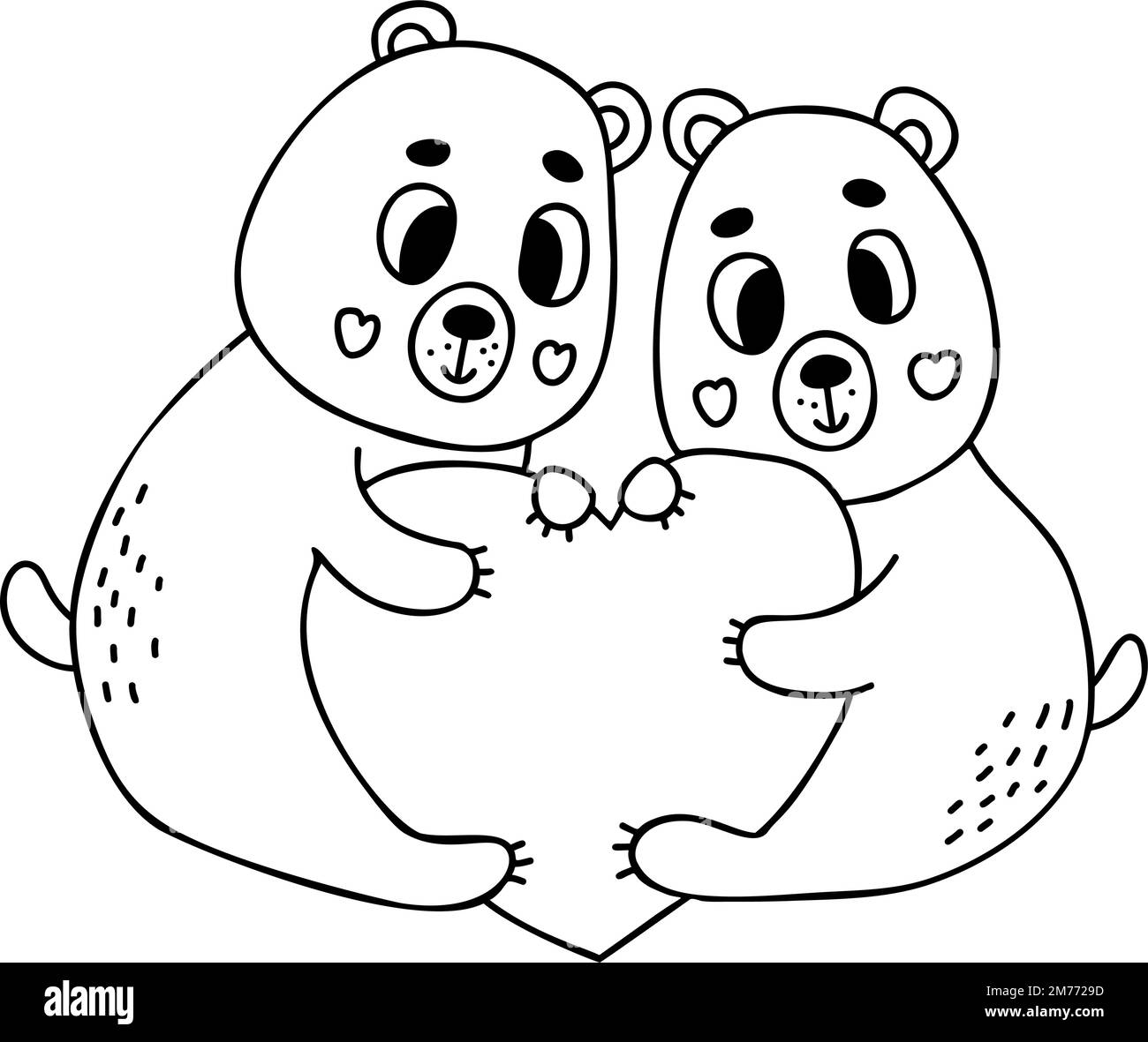 Ein Paar Liebes-Teddybären mit großem Herz. Vektorgrafik im Kritzelstil. Umriss für Design, Dekor, Valentinskarten, Druck Stock Vektor