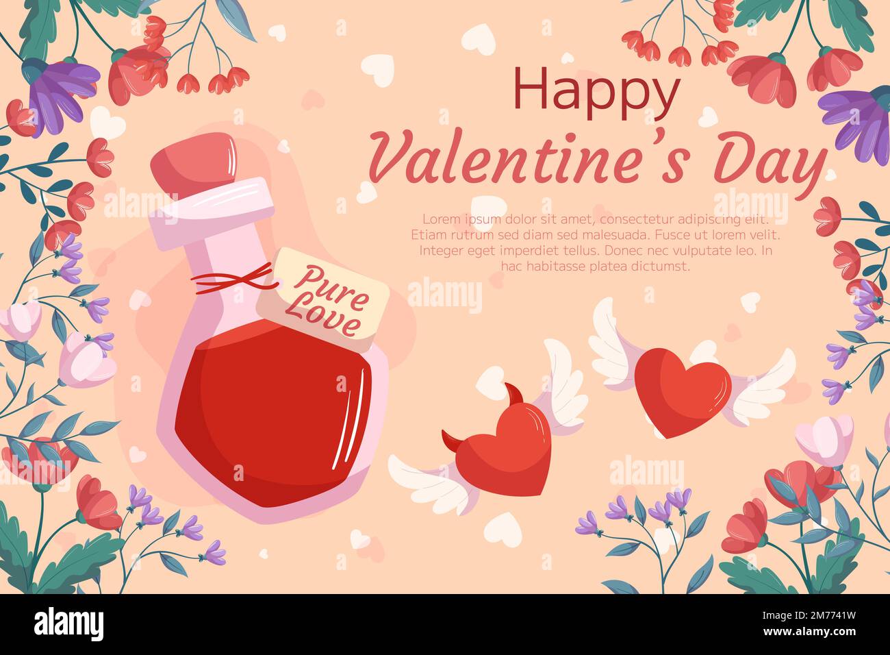 St. Hintergrunddesign zum Valentinstag mit Love-Trank-Flasche, zwei Herzen mit Flügeln, Dämon und Engel, Blumenrahmen auf beigefarbener Rückseite. Grußkarte Stock Vektor