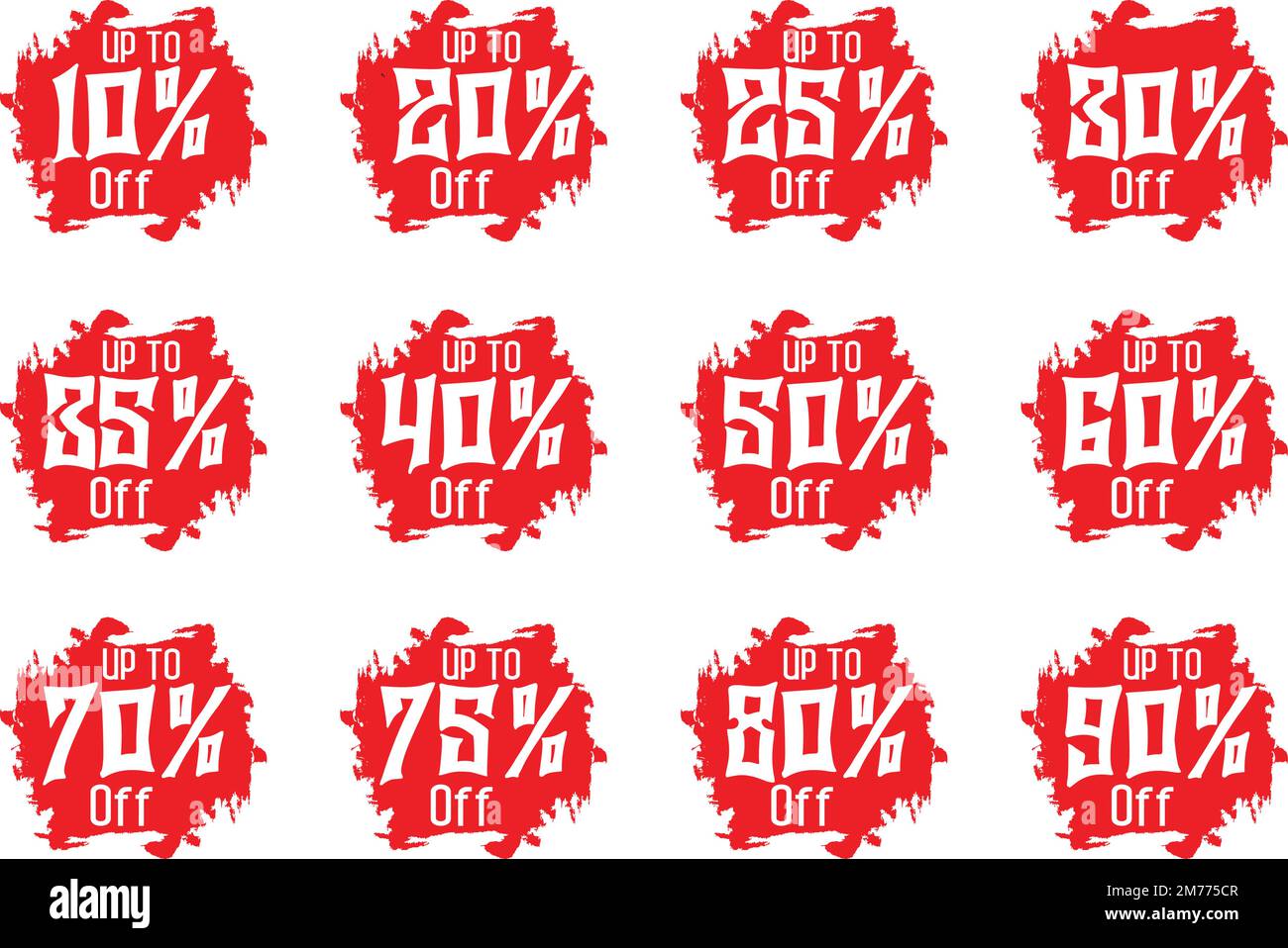 Sale Discount Tags Vector Badges Set Template, 10 Rabatt, 20 %, 90, 80, 30, 40, 50, 60, 70, 75, 25, 35, Prozentangabe Der Etikettensymbole Mit Pinselstrich Auf Der Rückseite Stock Vektor