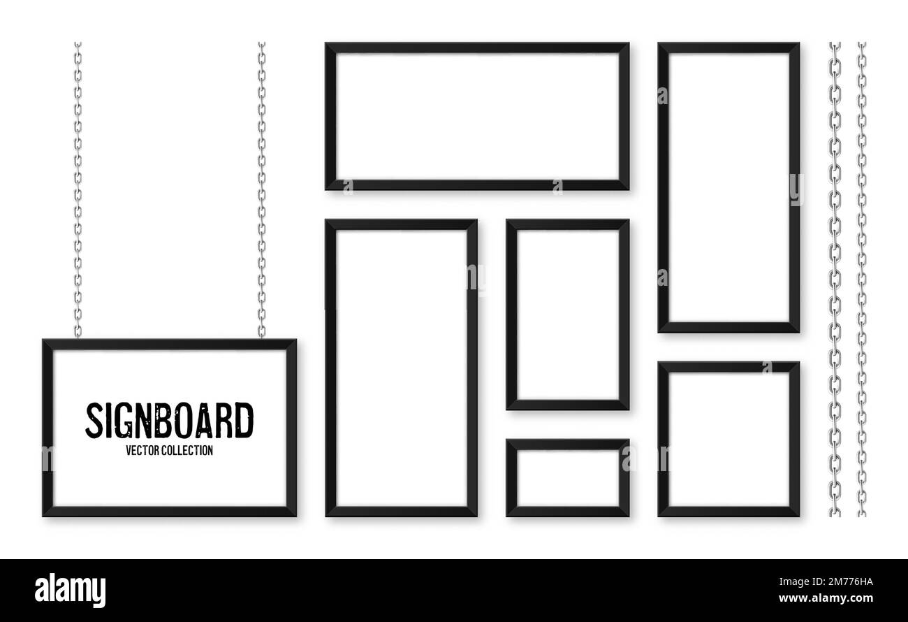 Schwarze Schilder, die an einer Metallkette hängen. Speisekarte des Restaurants. Modernes Postermodell. Leeres Foto oder Bilderrahmen. Werbung oder Präsentation Stock Vektor