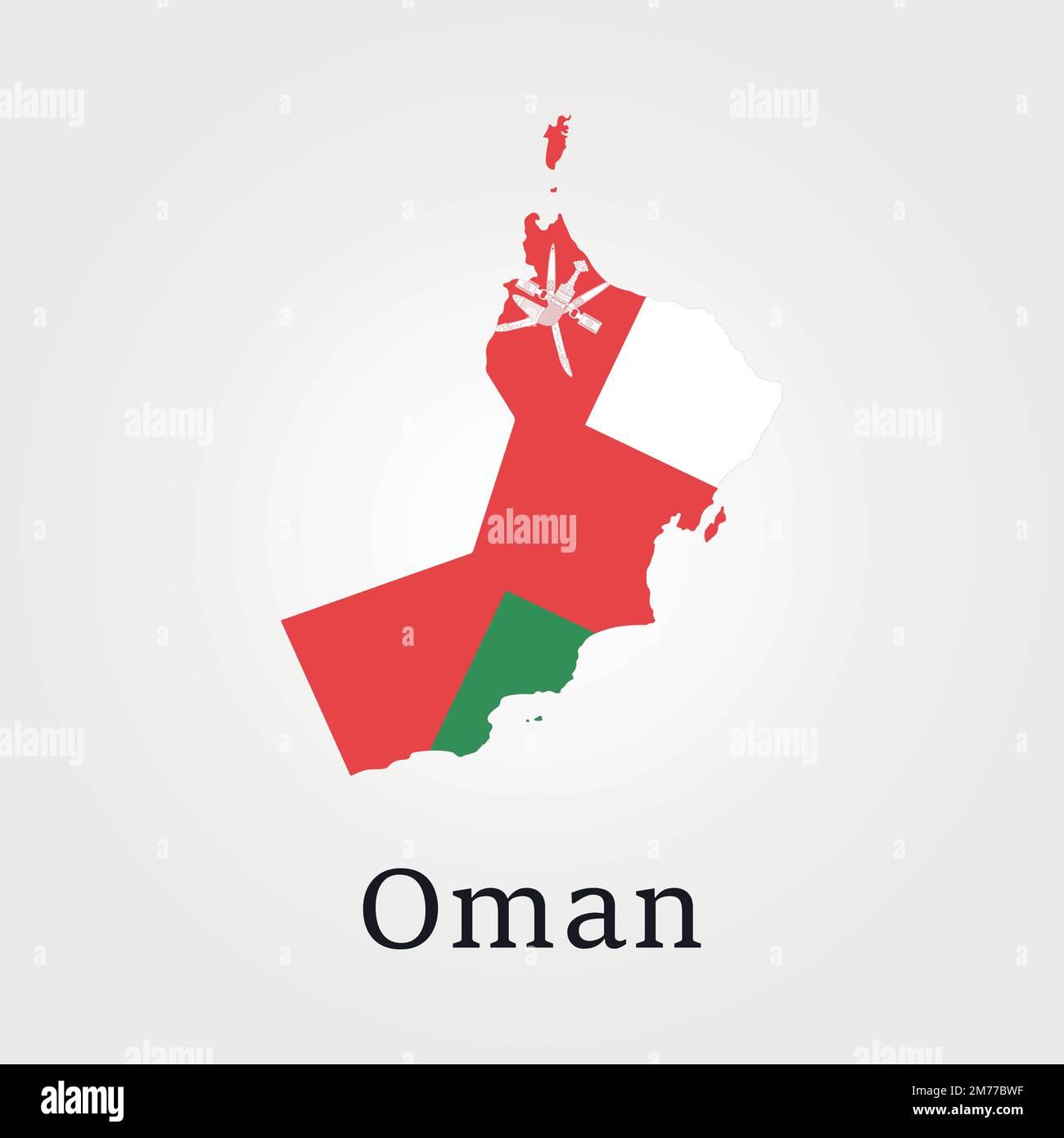 Die Flagge des Sultanats Oman überlagert auf der Umrisskarte, isoliert auf weißem Hintergrund Stock Vektor