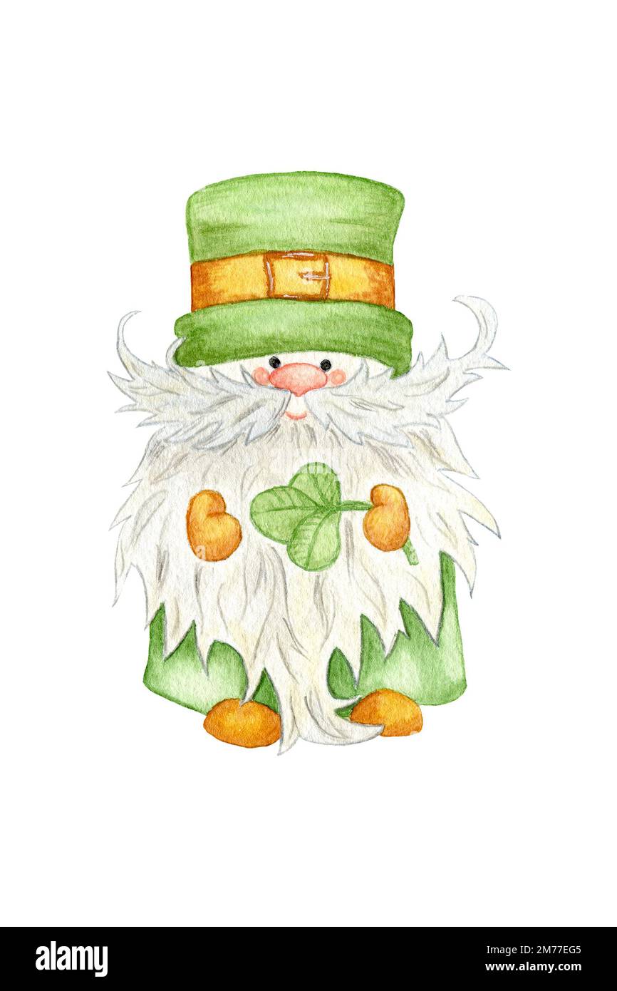 Aquarelle Darstellung eines Kobolds für St. Patricks Tag. Süßer Zwerg mit Flora isoliert auf weißem Hintergrund. Lustiger Gnome für Design-Banner Stockfoto