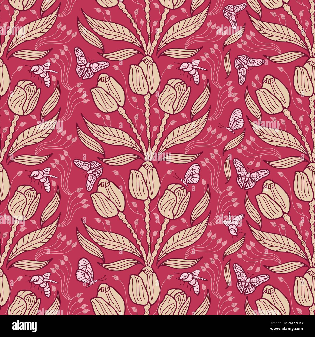 Vector Magenta Tulip Garden – Hintergrunddesign mit wiederholtem Muster Stock Vektor