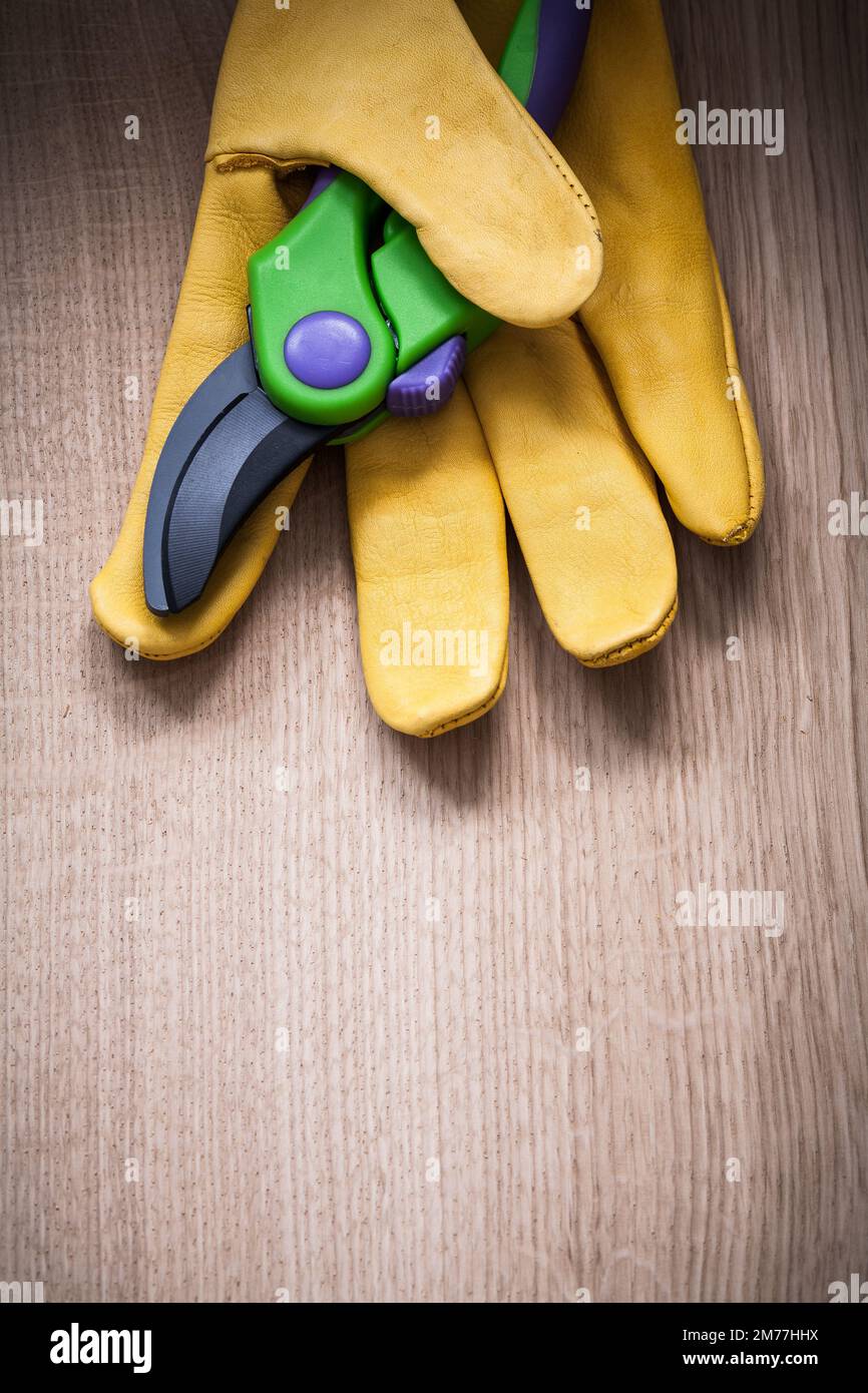Veritcal View gelber Lederschutzhandschuh mit Gartenschere auf Holzbrett Landwirtschaftskonzept. Stockfoto