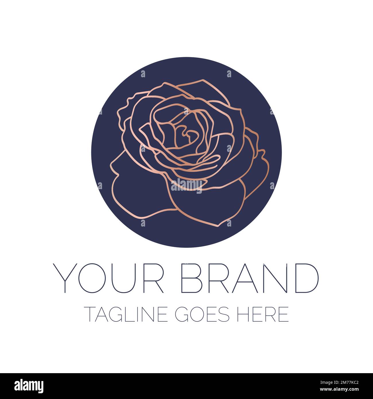 Elegantes Logo mit goldener Rosenblume auf marineblauem Hintergrund. Florales Logo Stock Vektor