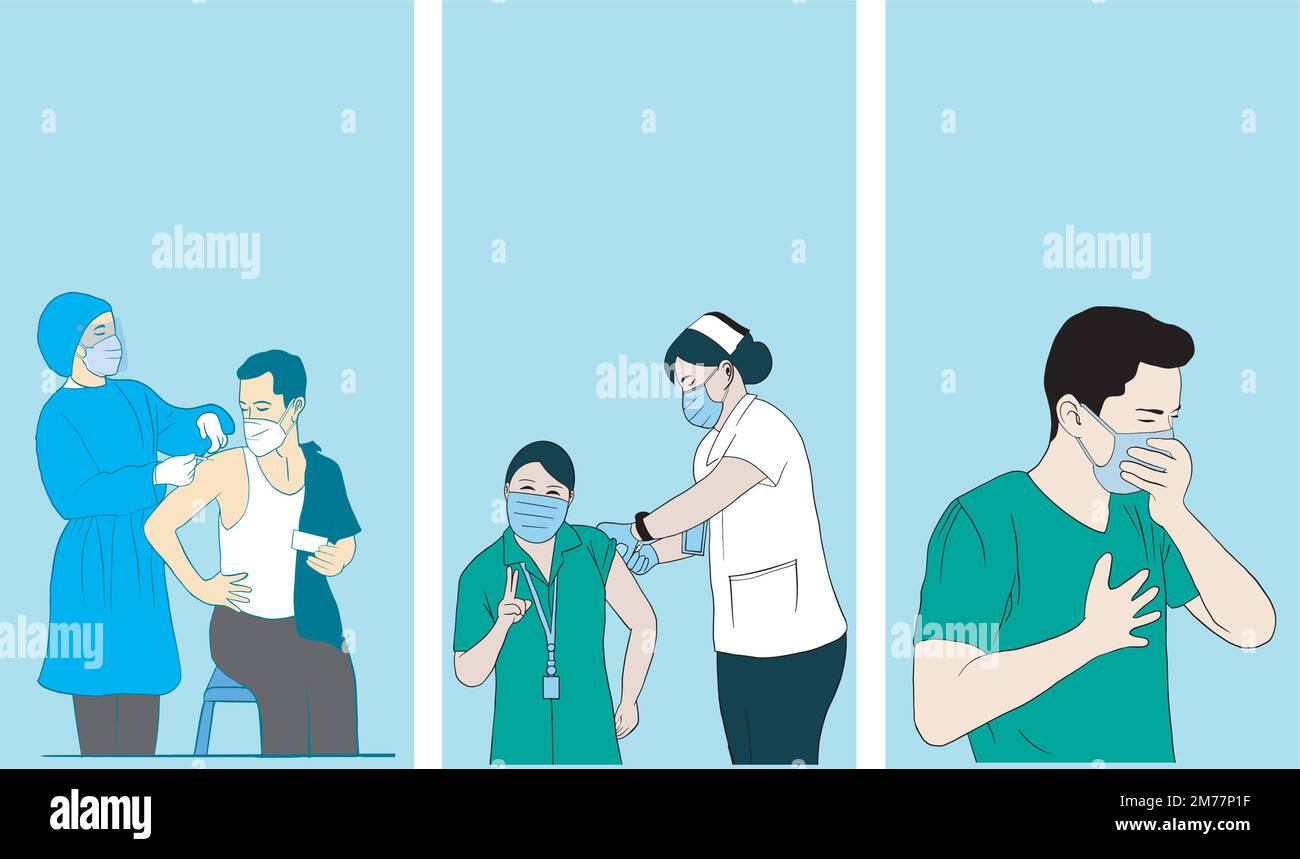Corona-Impfstoff. Frau mit Maske zur Impfung gegen COVID-19 im Krankenhaus. Arzt impfend Coronavirus-Patient. Vektordarstellung. Stock Vektor