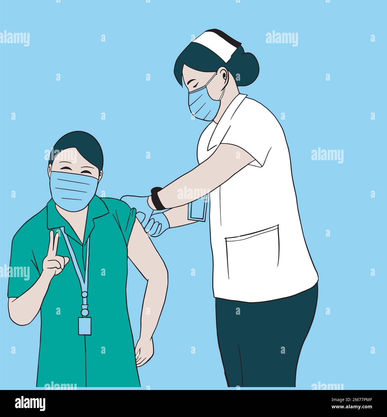 Corona-Impfstoff. Frau mit Maske zur Impfung gegen COVID-19 im Krankenhaus. Arzt impfend Coronavirus-Patient. Vektordarstellung. Stock Vektor