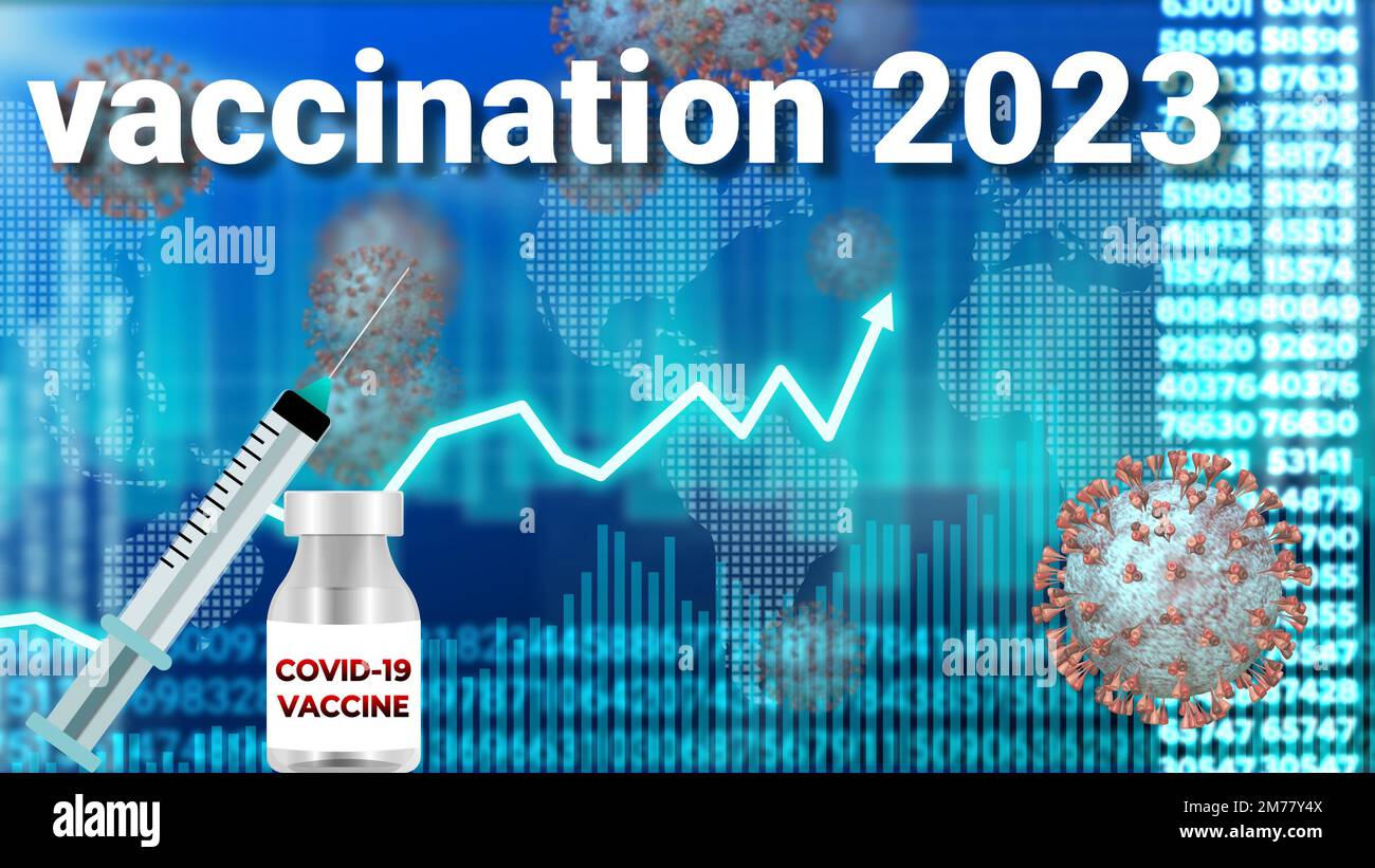 Impfung im 2023-Graphikhintergrund mit Covid-Impfstoff und Injektion. Stockfoto