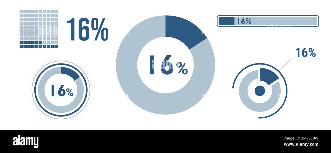 Symbolsatz für zu 16 Prozent geladene Daten. Vierzehn Kreisdiagramm, Tortendiagramm, Fortschrittsbalken. Infografik zu 16 %. Vector Concept Kollektion, blau Stock Vektor