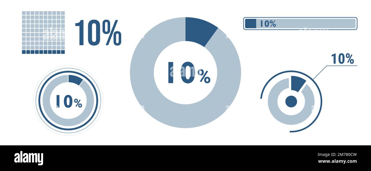 Symbolsatz für zu 10 Prozent geladene Daten. Zehn Kreisdiagramm, Ringdiagramm, Fortschrittsbalken. Infografik zu 10 %. Vector Concept Kollektion, blau Stock Vektor