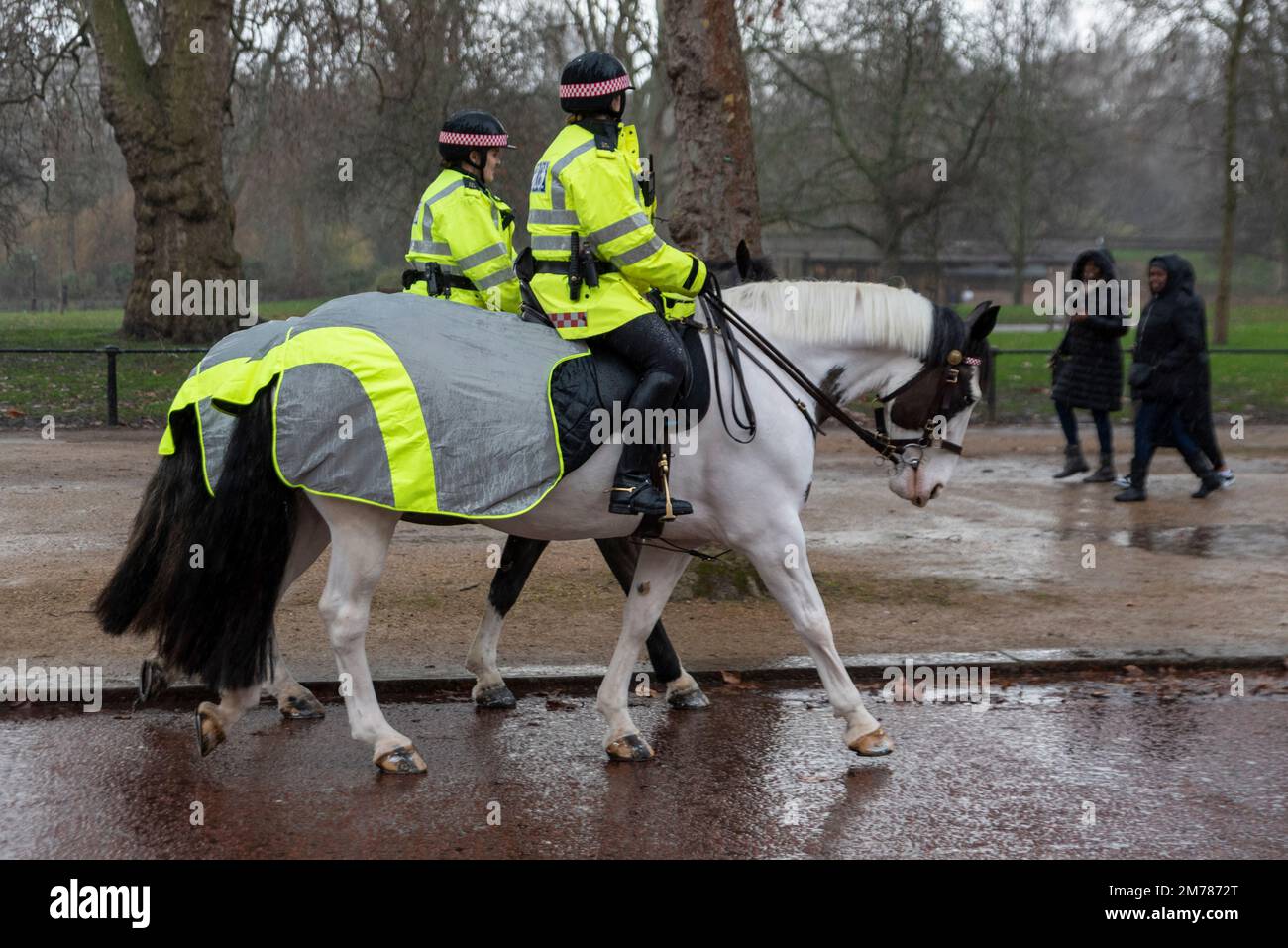 The Mall, Westminster, London, Großbritannien. 8. Januar 2023. In den Touristengebieten von Westminster hat es heftig geregnet, da ein paar Leute auf den Straßen waren. Die Metropolitan Police patrouilliert trotz des Wetters zu Pferd Stockfoto