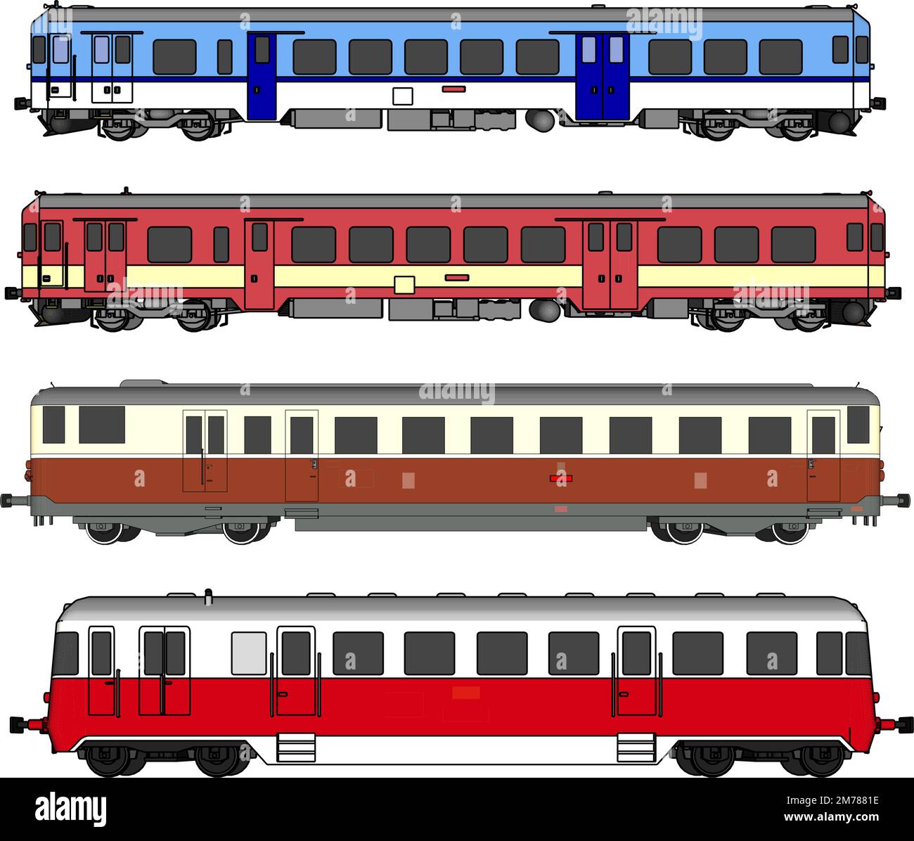 Vektor-Illustration: Set-Prozession Antiker Zug umfasst alte Dampflokomotive und Kompartiment Eisenbahnschienen isoliert auf weißem Hintergrund. Stock Vektor