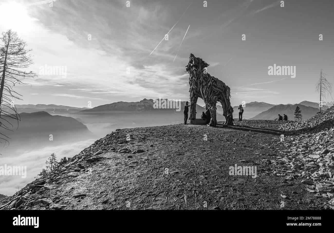 Lupa Vaia (Vaia Wolf). Holzskulptur mit zurückgewonnenem Holz aus dem Sturm Vaia (Zyklon Adrian) von Marco Martalar Vetriolo, Levico Terme, Trento Stockfoto