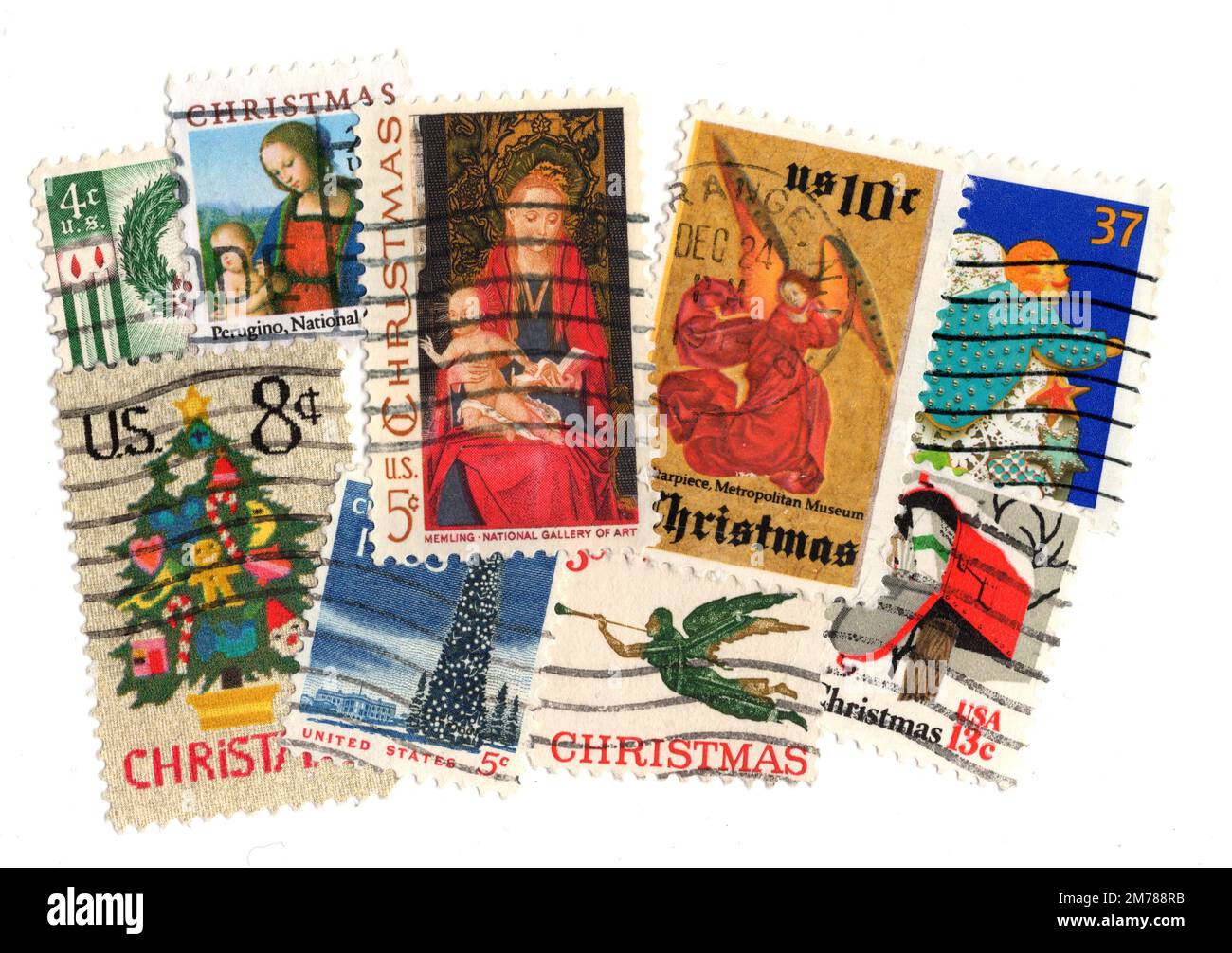 Vintage verwendete Briefmarken aus den USA isoliert auf weißem Hintergrund. Stockfoto