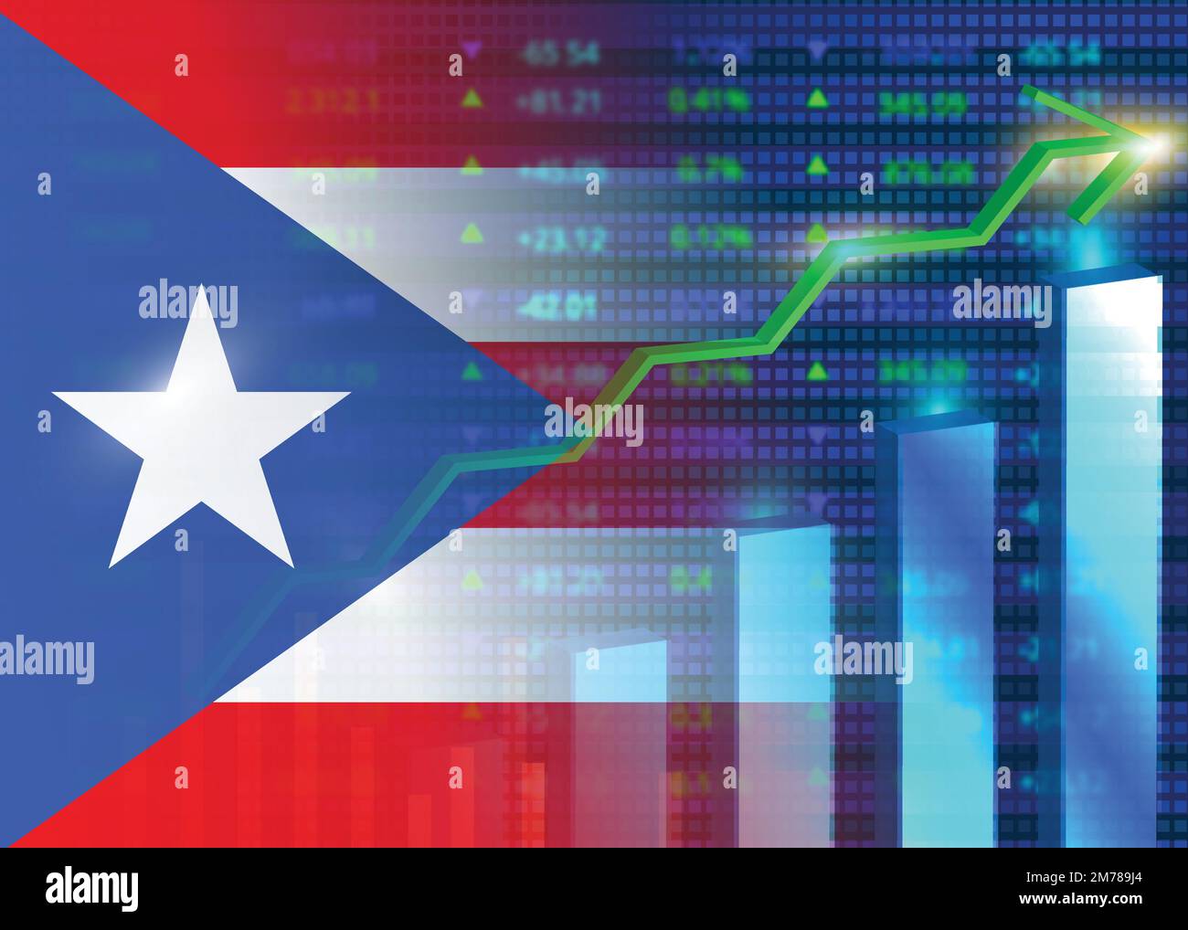 Wirtschaftswachstum in Puerto Rico.Puerto Ricos Börse.Puerto-ricanische Flagge mit Diagrammen,Wachstumspfeil Stock Vektor
