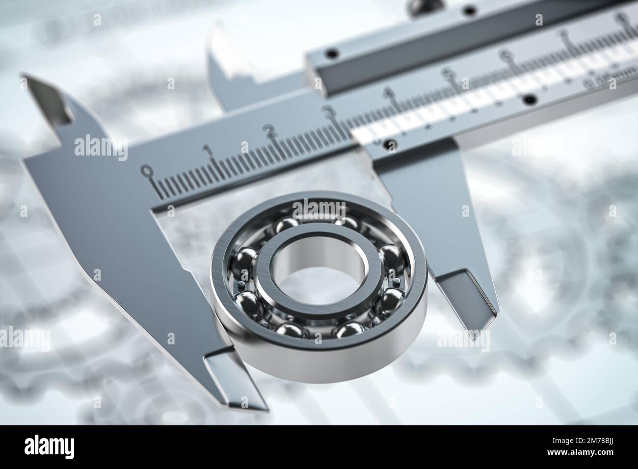 Lager mit Trammel auf technischem Zeichnungshintergrund. Engineering-, Industrie- und Produktionskonzept. 3D Abbildung Stockfoto