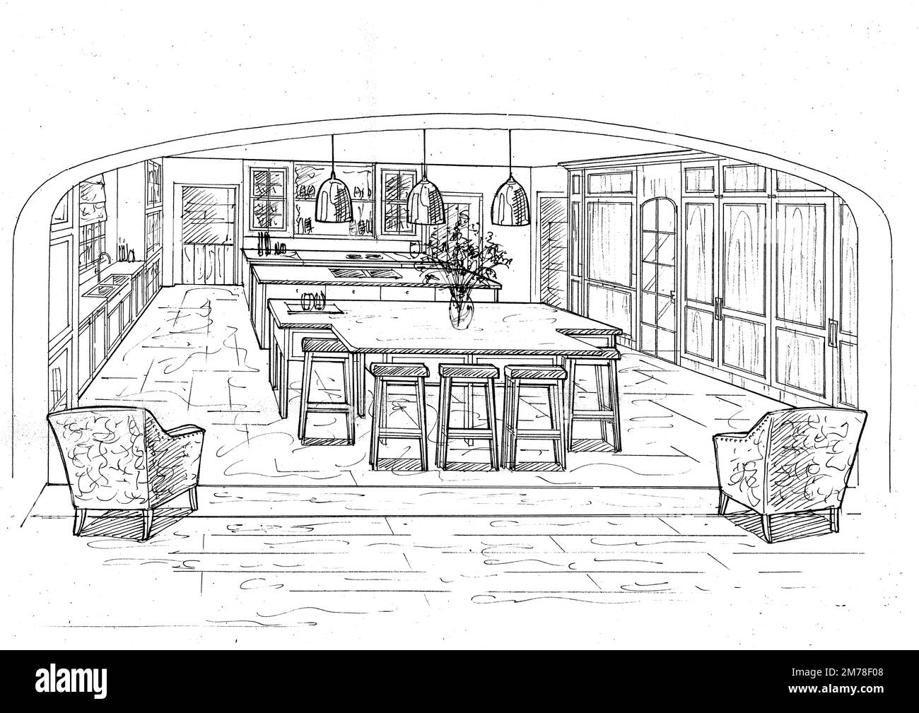Schwarz-weiße Skizze einer Küche auf weißem Hintergrund. Stockfoto