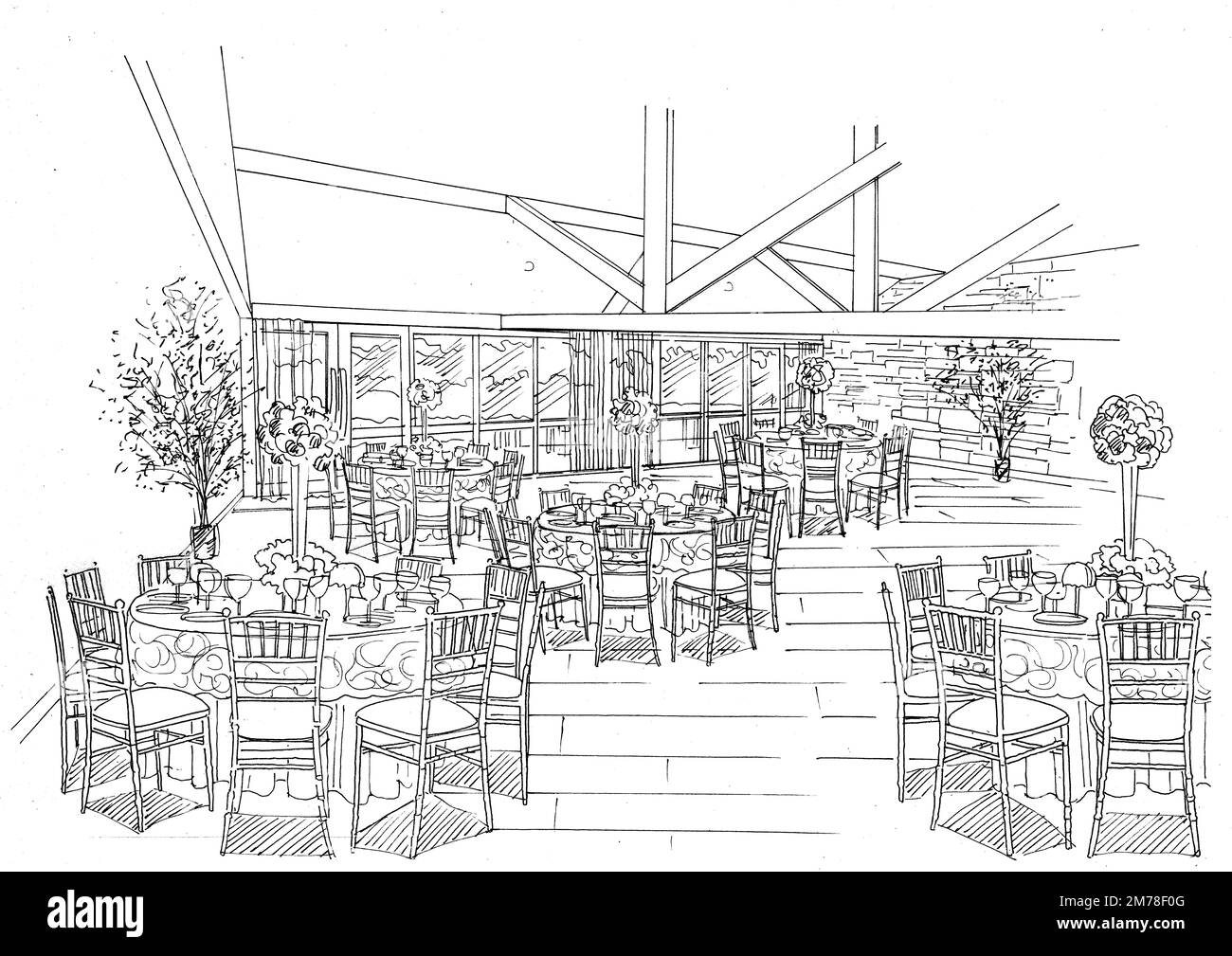 Schwarz-weiße Skizze eines Veranstaltungsraums auf weißem Hintergrund. Stockfoto