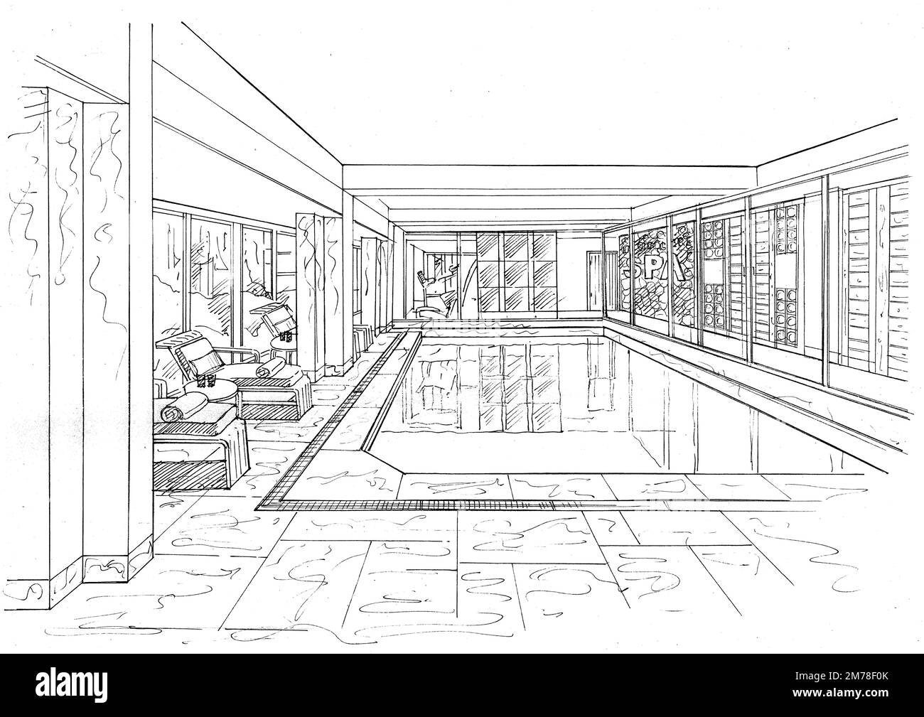 Schwarzweiße Skizze eines Innenraums mit Swimmingpool und Spa auf weißem Hintergrund. Stockfoto
