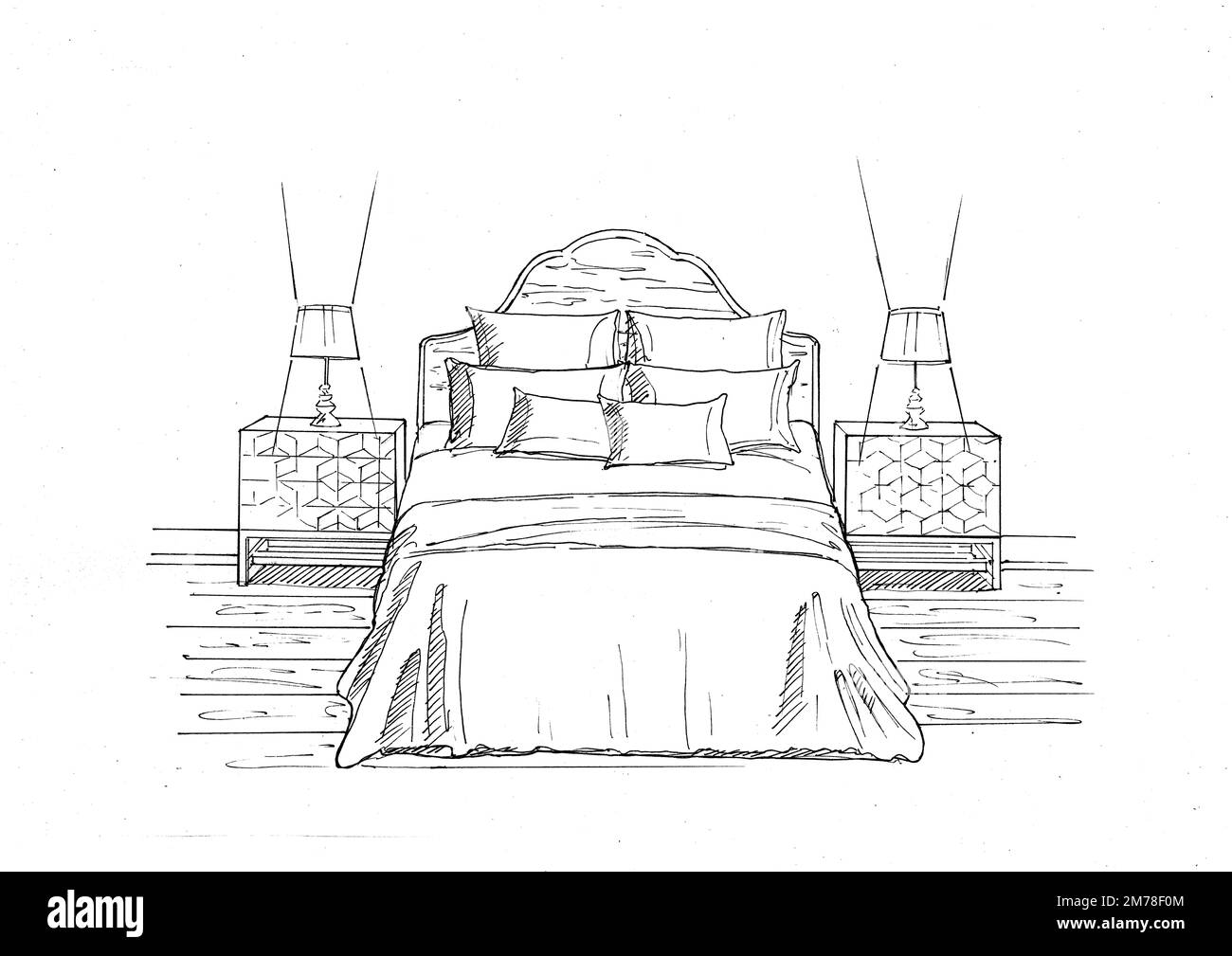 Schwarz-Weiß-Skizze eines Schlafzimmers auf weißem Hintergrund. Stockfoto