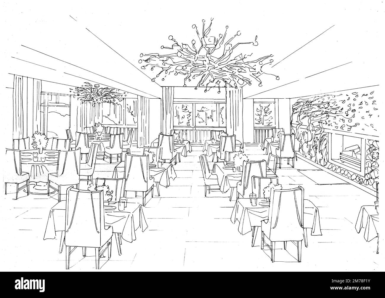 Schwarzweiße Skizze eines Restaurantinneren auf weißem Hintergrund. Stockfoto
