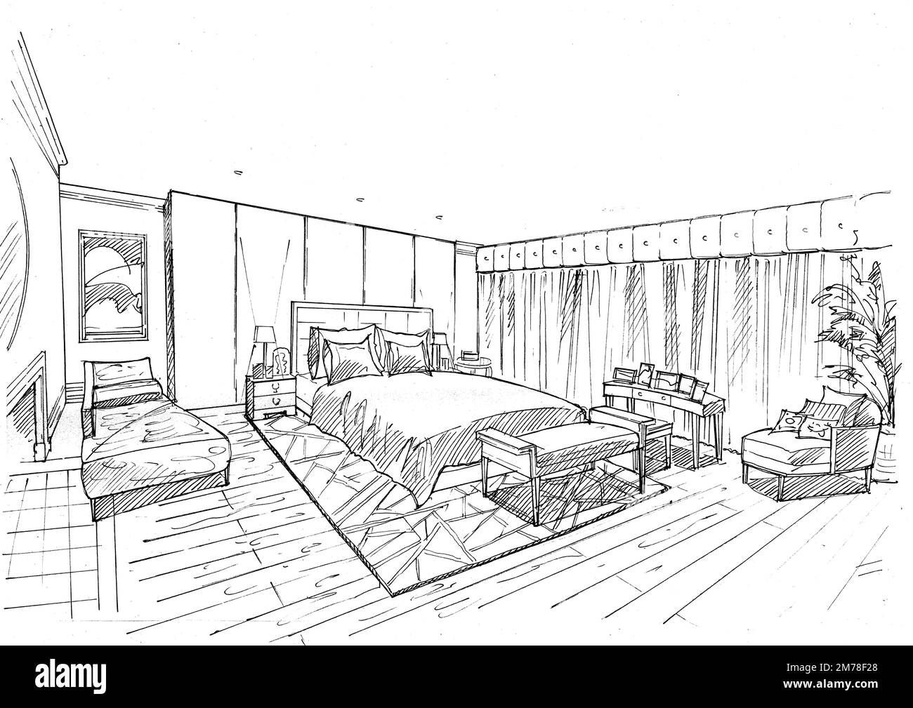 Schwarzweiße Skizze eines modernen Schlafzimmers auf weißem Hintergrund. Stockfoto