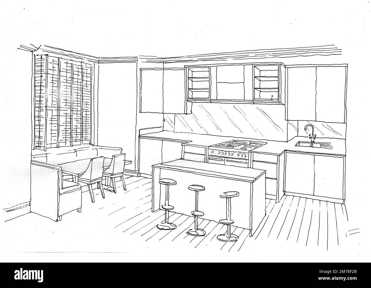 Schwarzweiße Skizze einer modernen Küche auf weißem Hintergrund. Stockfoto