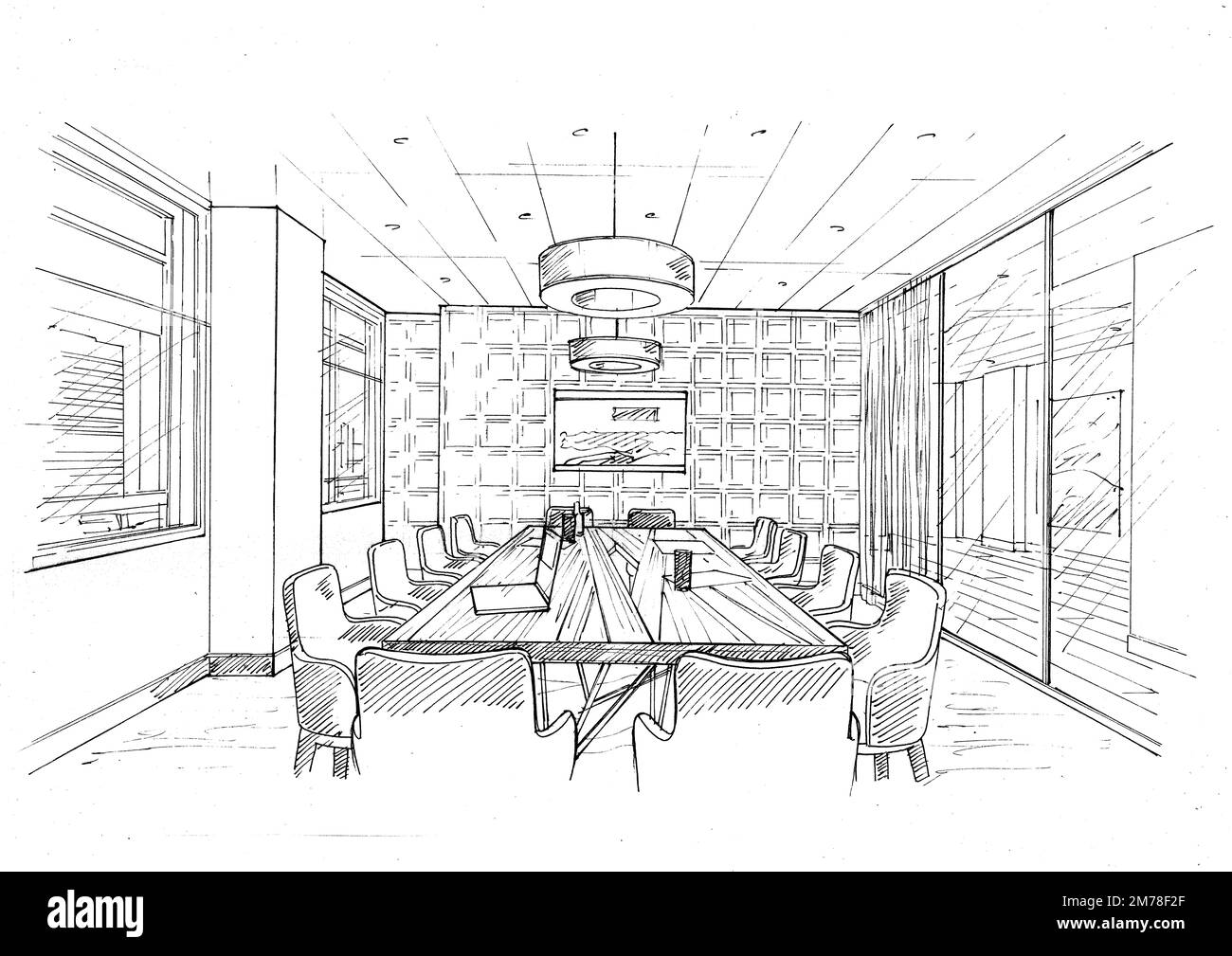 Schwarz-weiße Skizze eines Interieurs im Tagungsraum auf weißem Hintergrund. Stockfoto