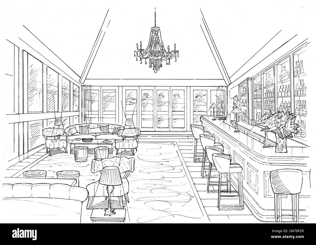 Schwarzweiße Skizze eines Innenraums im Wintergarten-Barbereich auf weißem Hintergrund. Stockfoto