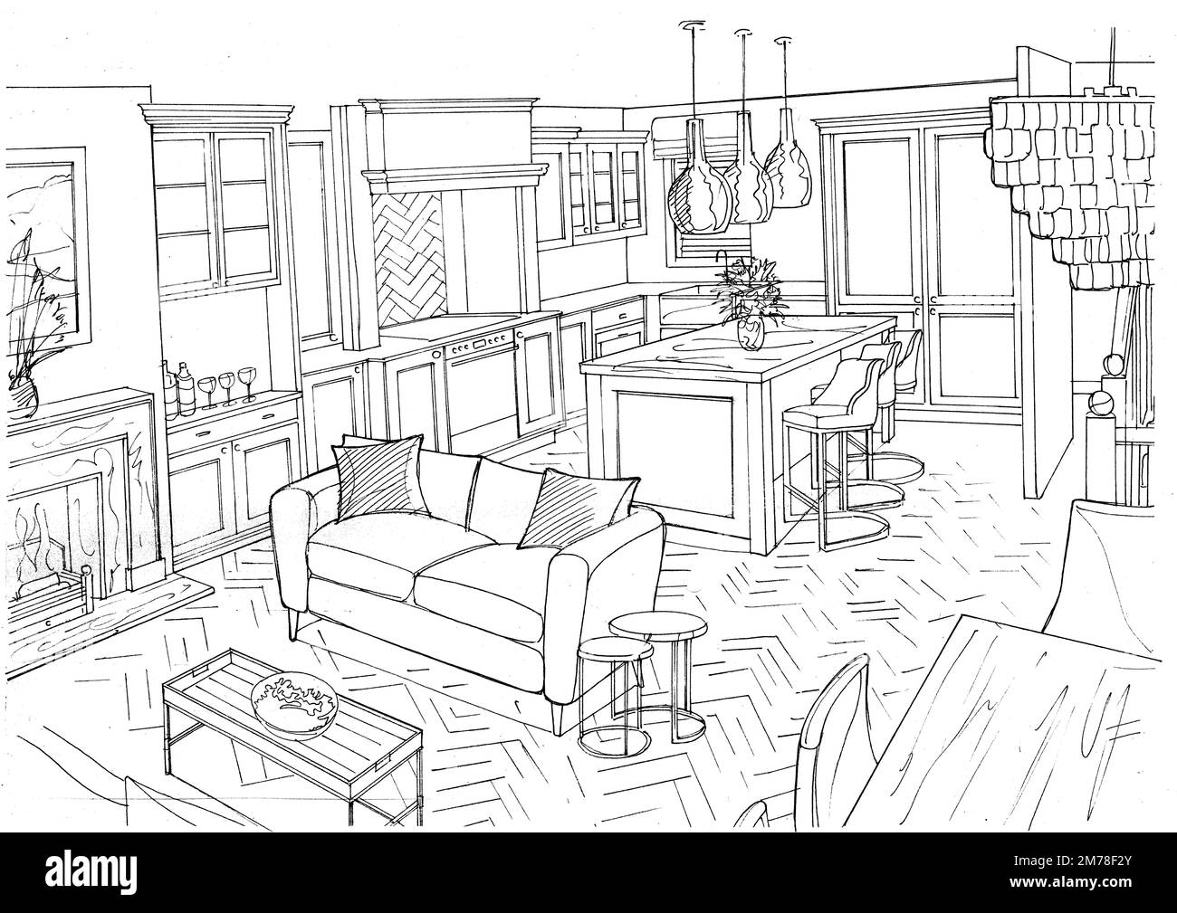 Schwarzweiße Skizze einer Lounge und Küche auf weißem Hintergrund. Stockfoto