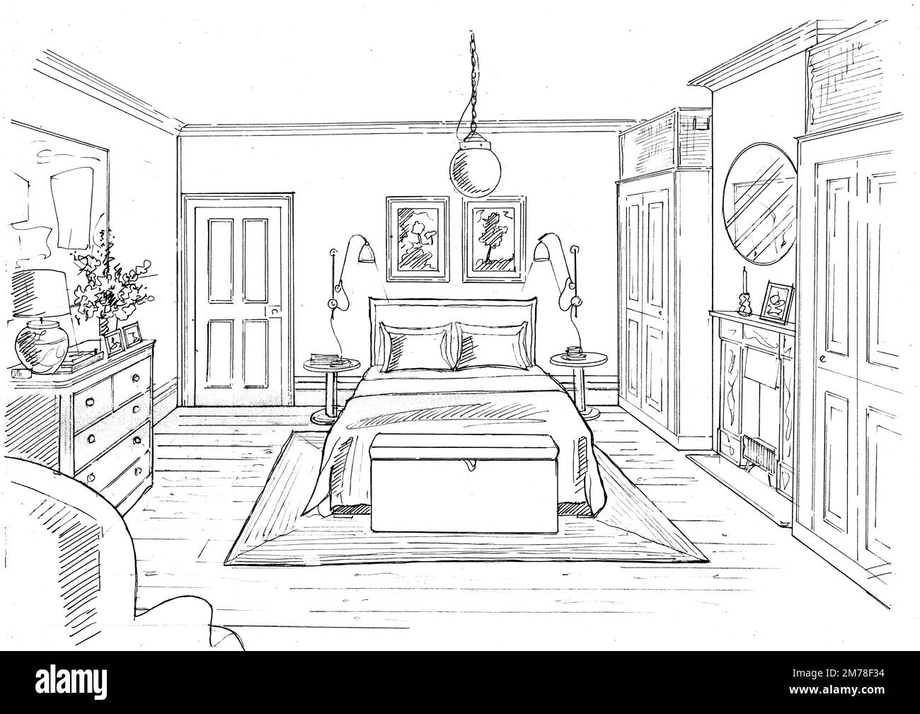 Schwarz-weiße Skizze eines Schlafzimmers auf weißem Hintergrund. Stockfoto