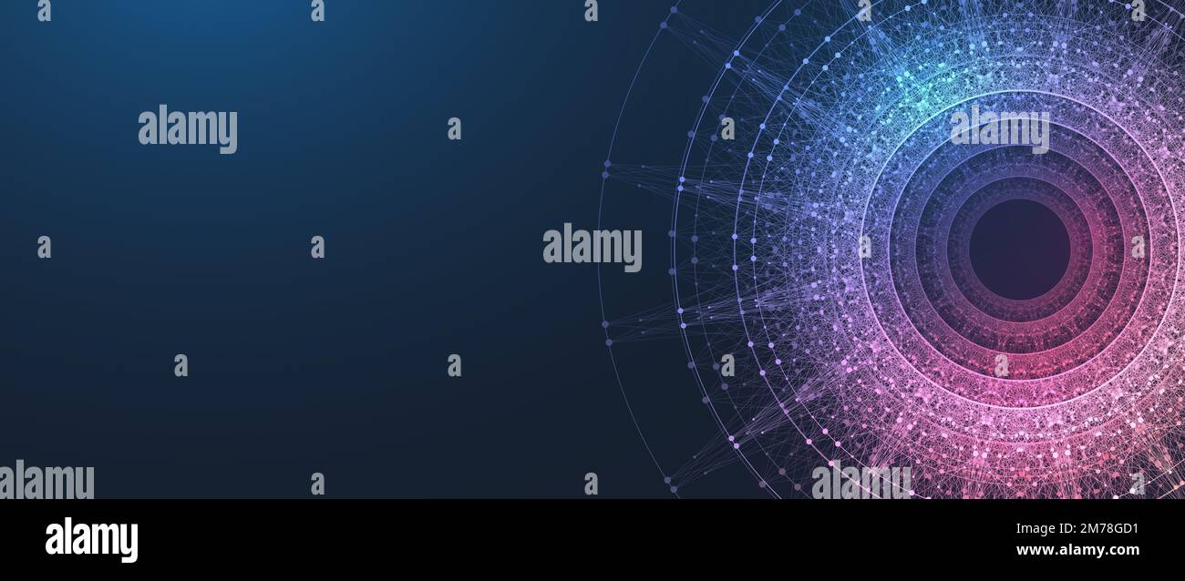 Blockchain Transfer Satellite Future Communications Illustration. Abstrakte Technologie Cloud-Welt. Fintech-Hintergrund des globalen Netzwerks. Digital Stockfoto