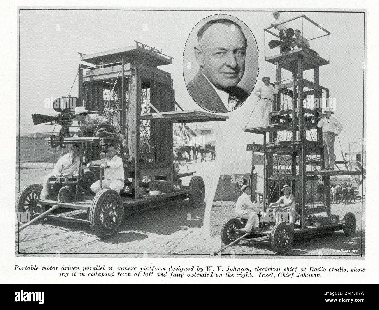 Tragbare motorbetriebene Kameraplattform von W. V. JOHNSON Electrical Chief bei RKO Radio Studios im Bild aus der März 1931 Ausgabe des Magazins THE INTERNATIONAL PHOTOGRAPHER (HOLLYWOOD) Band 3 Nr. 2 Stockfoto