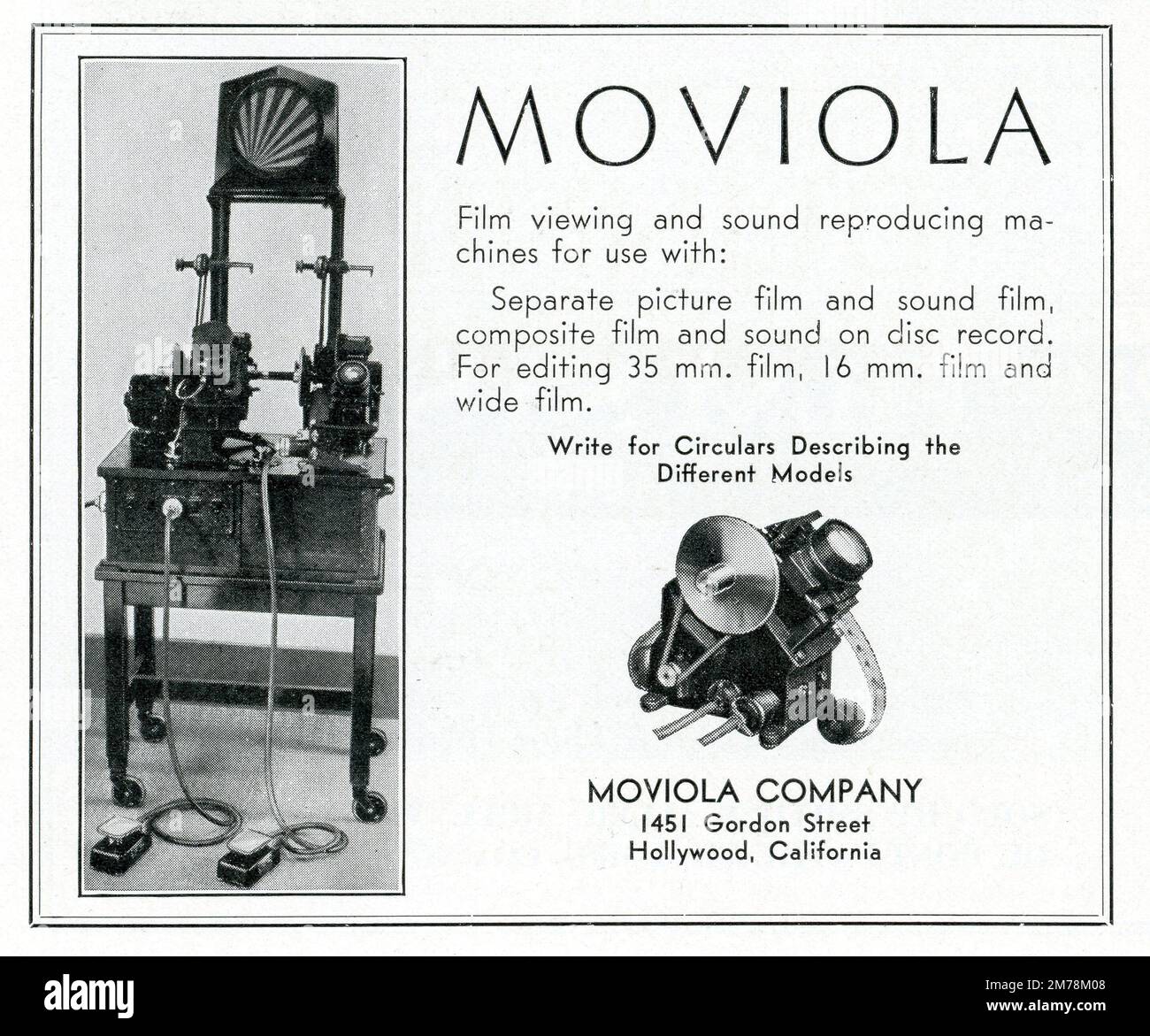 Werbung für MOVIOLA von der Moviola Company, Hollywood, Kalifornien, aus der März 1931 Ausgabe des Magazins THE INTERNATIONAL PHOTOGRAPHER (HOLLYWOOD) Band 3 Nr. 2 Stockfoto