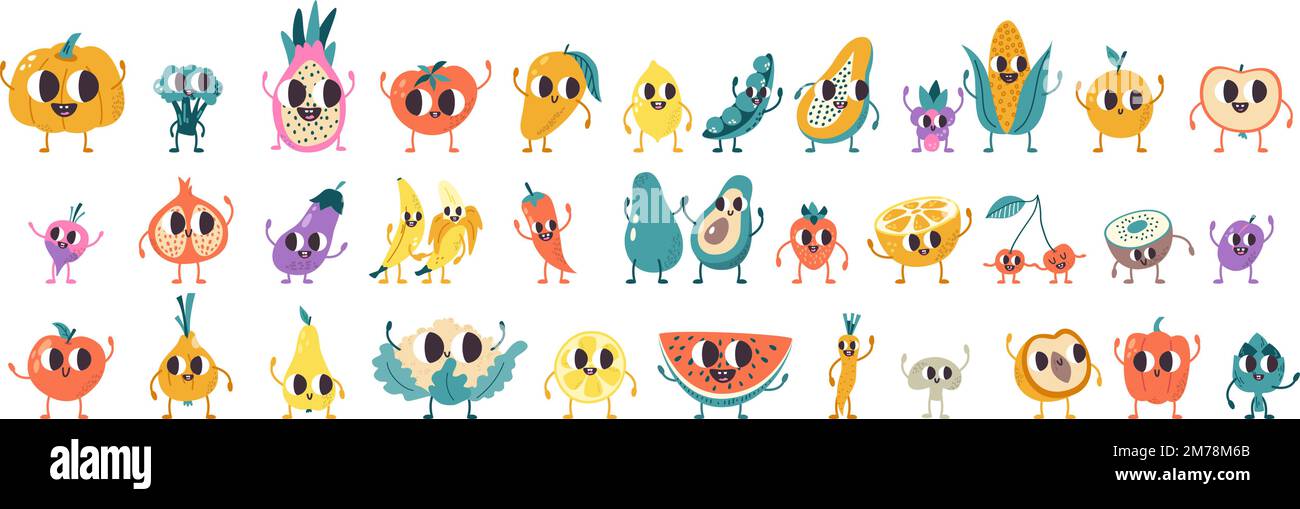 Cartoon-Figuren aus Obst und Gemüse. Süßes Obst, lächelndes Gesicht, Gemüse. Kawaii-Essen, frische Zutaten Avocado, Banane, Wassermelone. Ein kuscheliges, lustiges Set Stock Vektor