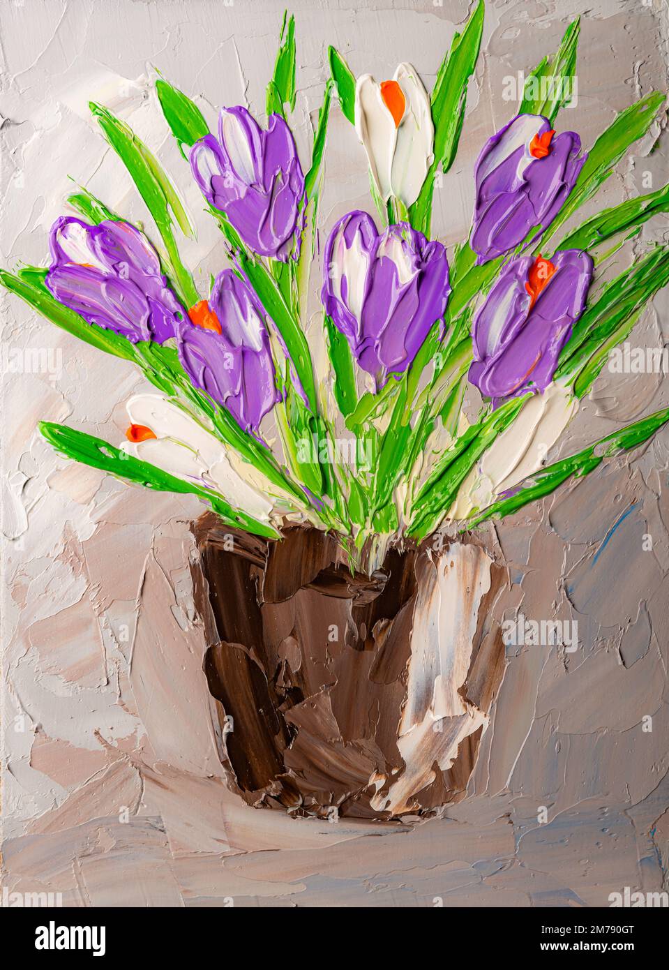 Der Strauß der Frühlingskrokusse. Ölgemälde. Stockfoto