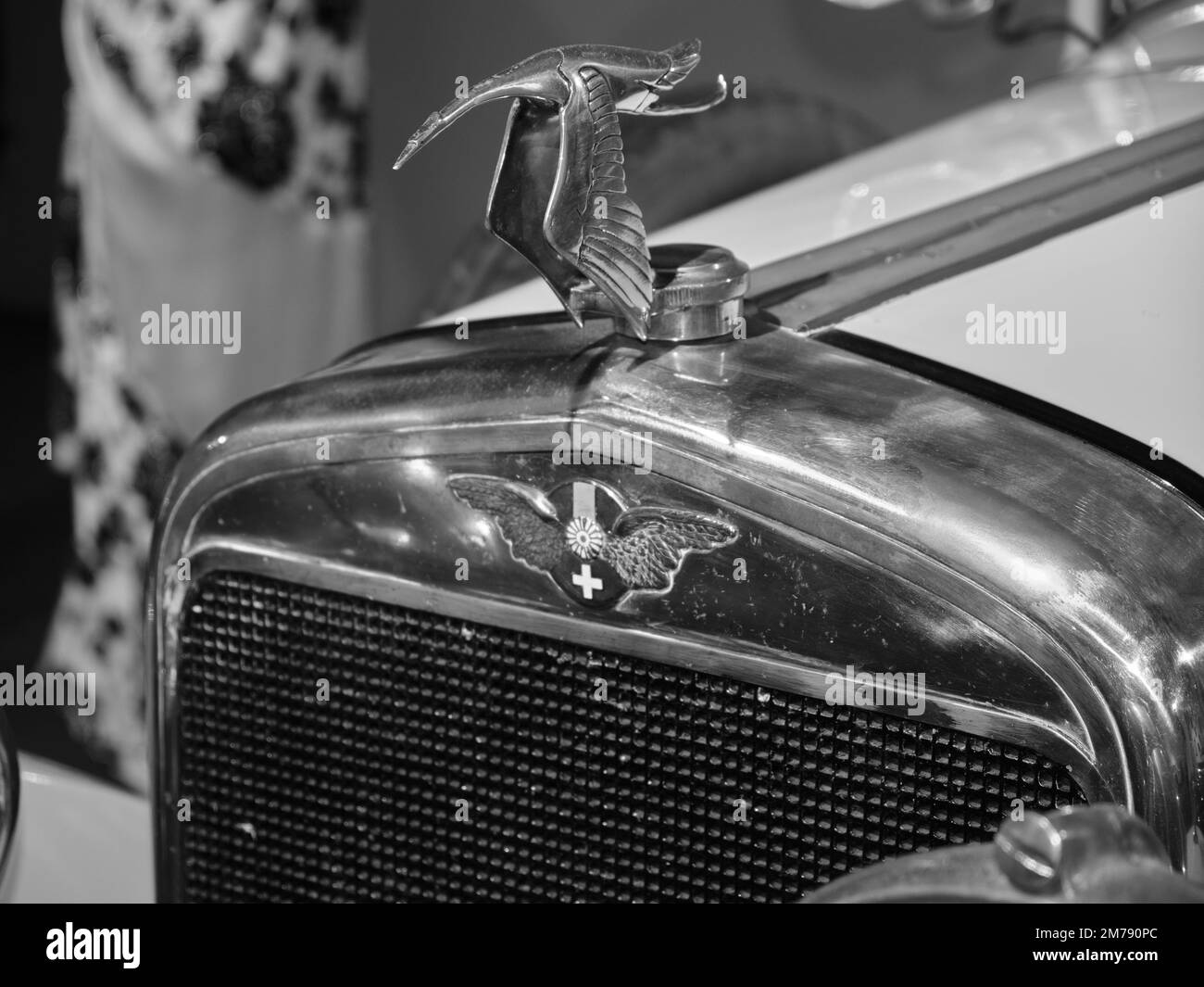 Hispano-Suiza-Emblem. Automobilmuseum von Málaga, Spanien. Stockfoto