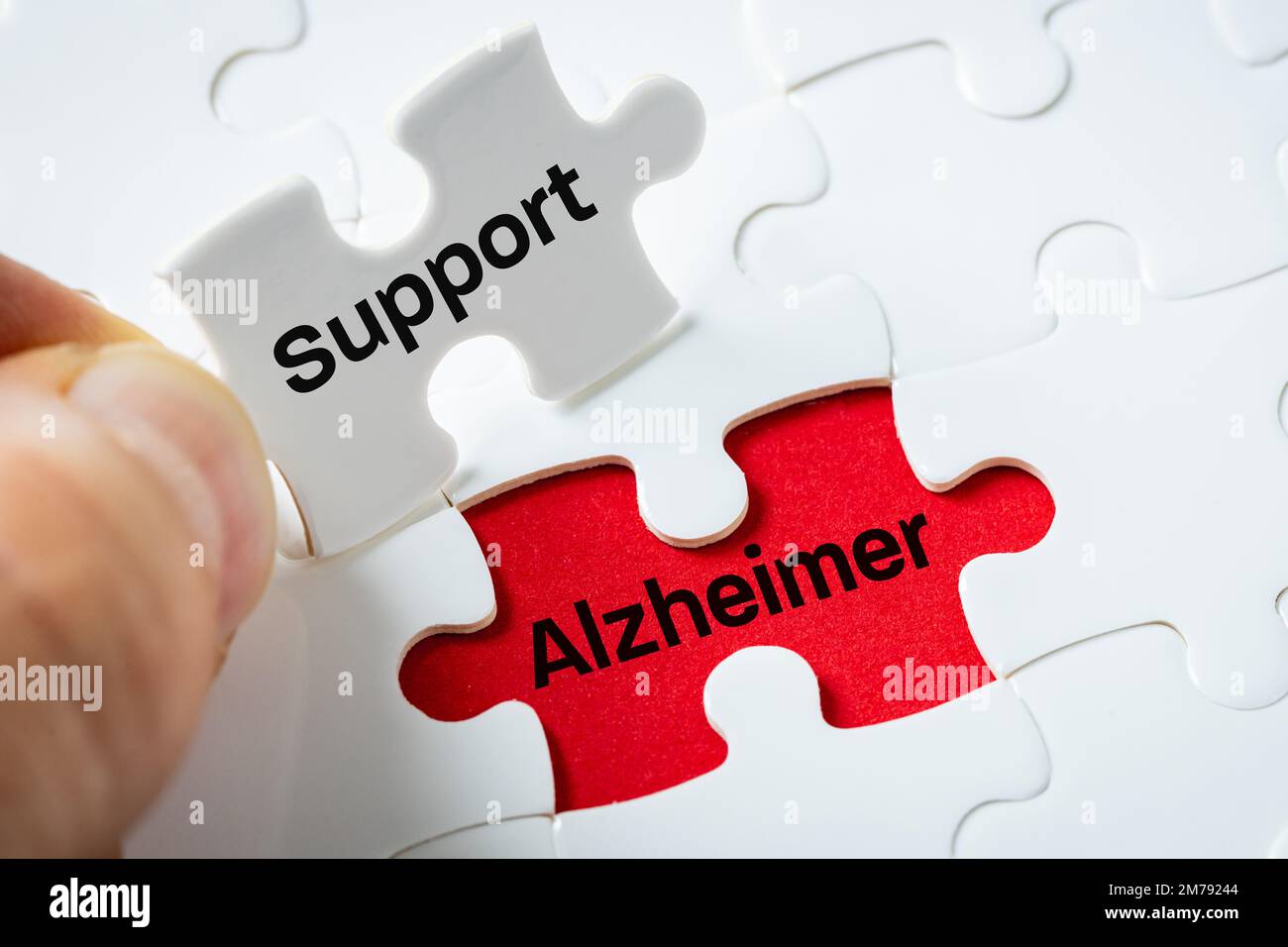 alzheimer-Krankheit, Puzzle mit exponierten Wörtern Support und alzheimer, Konzept, Hilfe und Unterstützung für ältere Menschen, die mit progressiver neurodermie zu kämpfen haben Stockfoto
