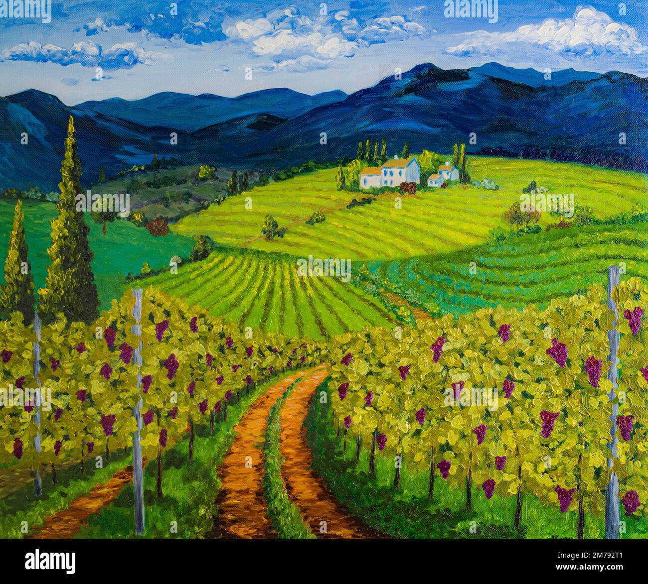 Toskanische Weinberge und Berge in Italien, Ölgemälde Stockfoto