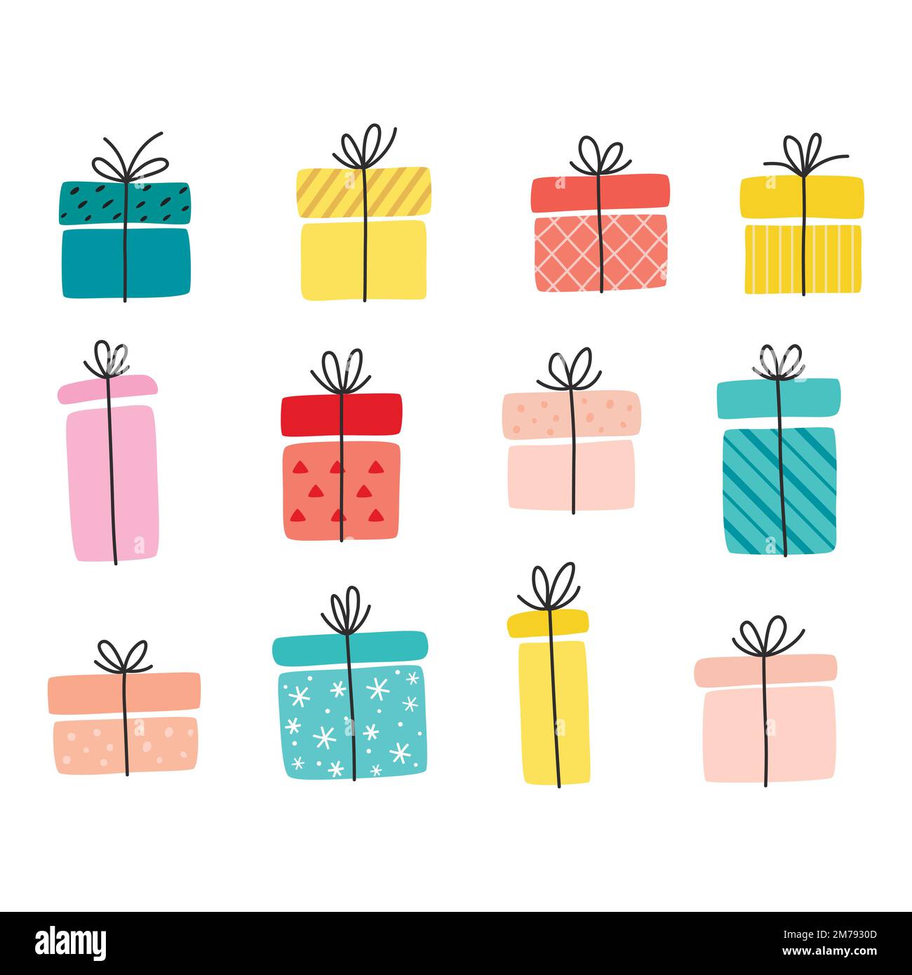 Geschenkschachteln, Geschenke. Handgezeichnete Vektordarstellung, isoliert auf weiß. Stock Vektor