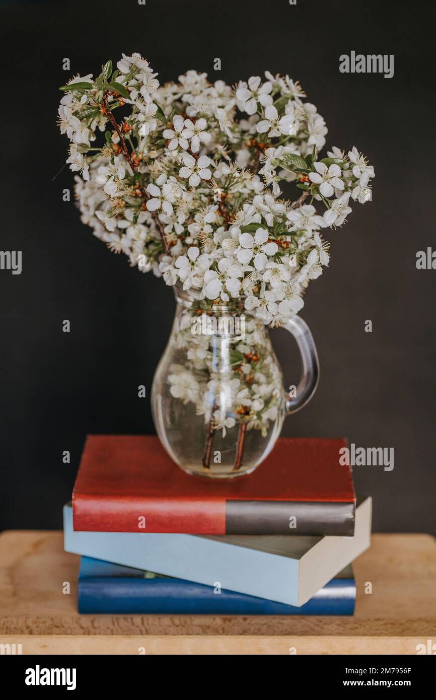 Glasvase mit Apfelblumen auf einem Stapel Bücher, auf einem Holztisch, isoliert auf schwarzem Hintergrund. Inneneinrichtung Stockfoto