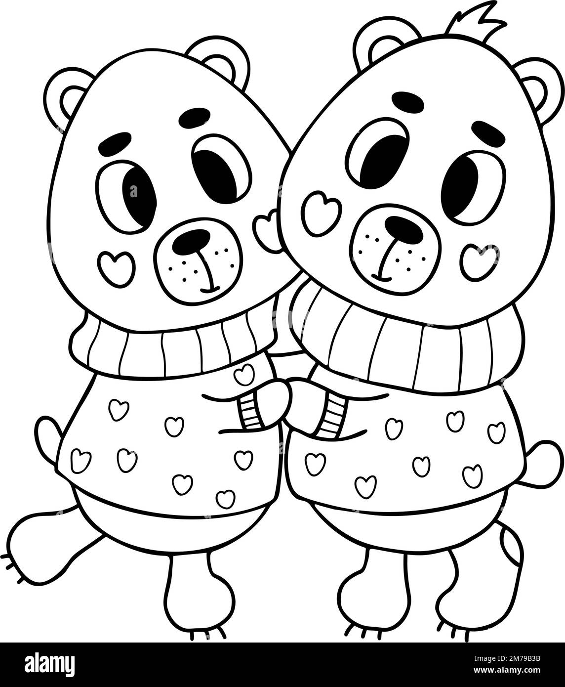 Kombinieren Sie süße, verliebt umarmende Bären in romantischen Pullover. Vektorgrafik im Kritzelstil. Lustige niedliche Tierfiguren. Umrisszeichnung Stock Vektor