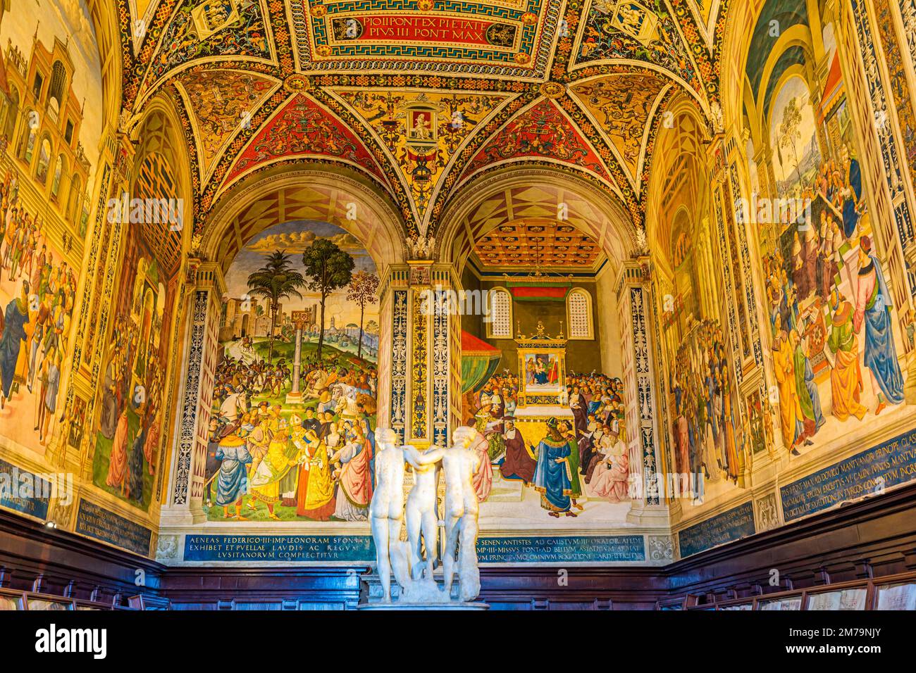 Dekorativ bemalte gewölbte Bögen, Kathedralenbibliothek, Siena, Toskana, Italien Stockfoto